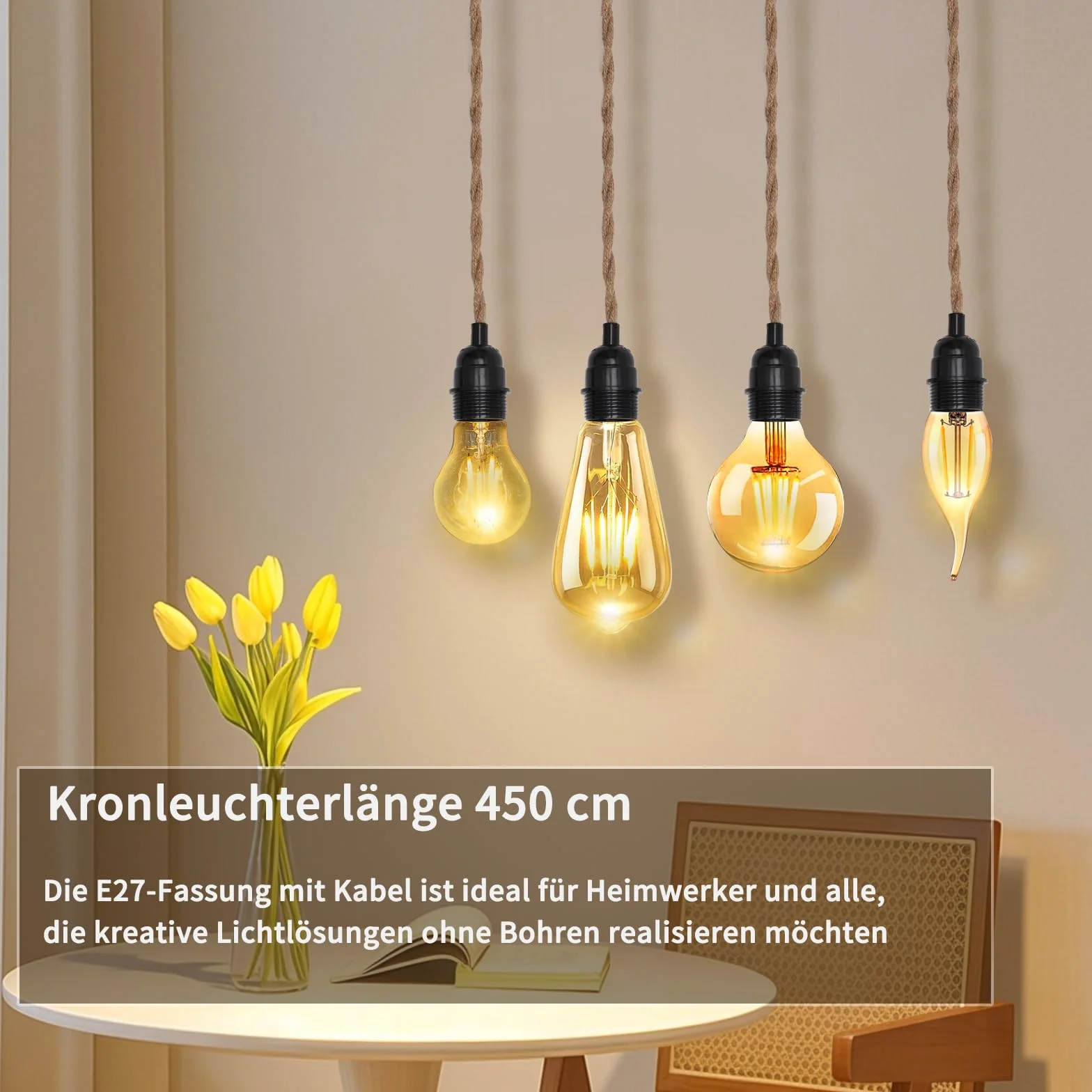 HENGBIRD Oprawka lampy E27 z kablem 4,5 m z woreczkiem śrubowym i hakiem bakelitowym, oprawa lampy konopnej w stylu vintage, z kablem i wtyczką, oprawa E27 do salonu, kuchni, baru, odporna na