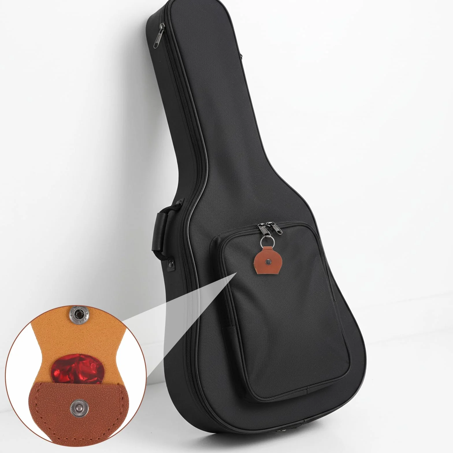 Xinjoduz 2 zestawy po 8 kostek do gitary akustycznej z 2 etui na kostki ze skóry PU, różne kolory, do elektrycznych gitar akustycznych, kostki basowe (3 x 2,6 cm, czarne + brązowe)