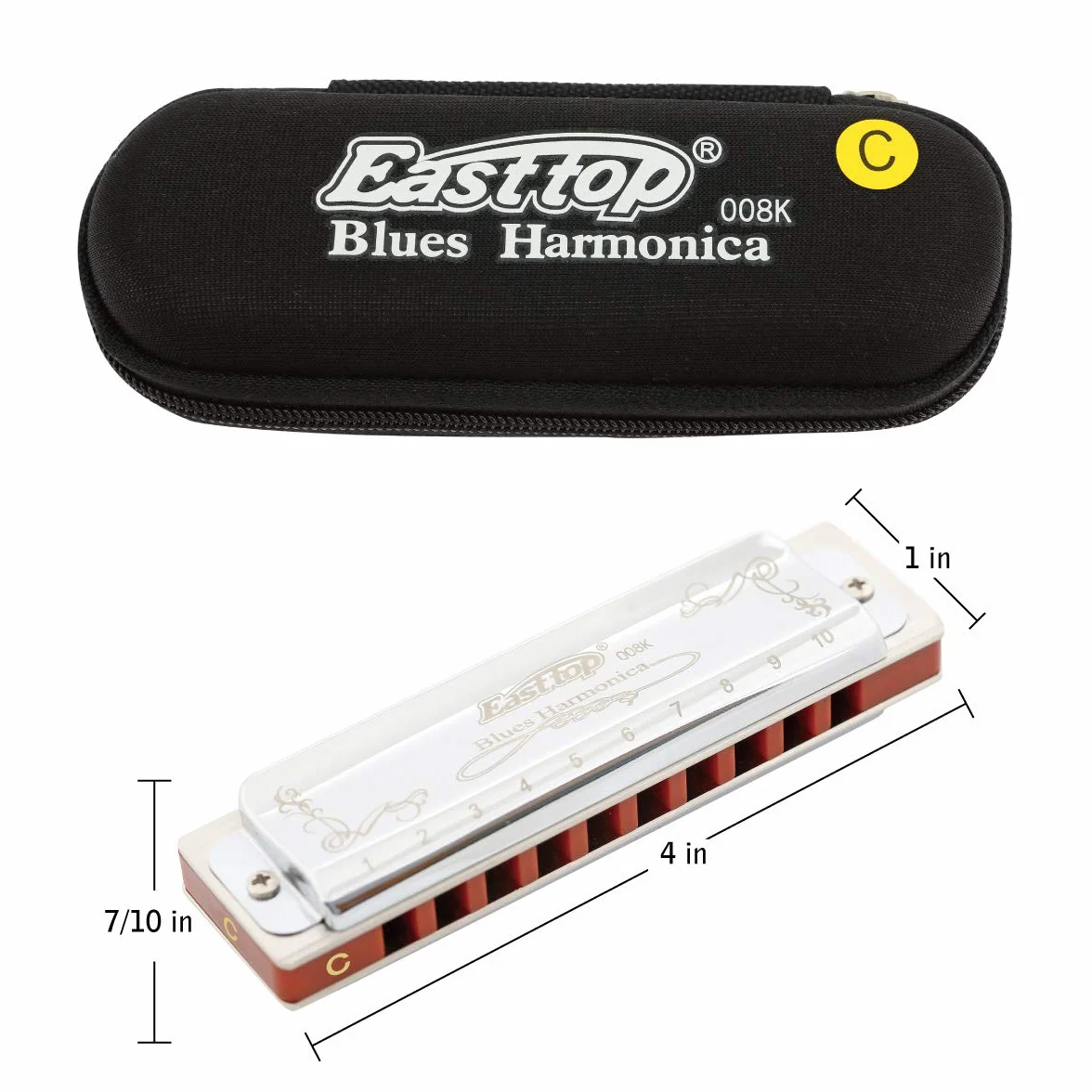 East top Harmonijka, harmonijka diatoniczna, klucz C,10 otworów, 008 K, ze srebrną osłoną, harmonijki bluesowe dla dorosłych, profesjonalistów, początkujących i studentów