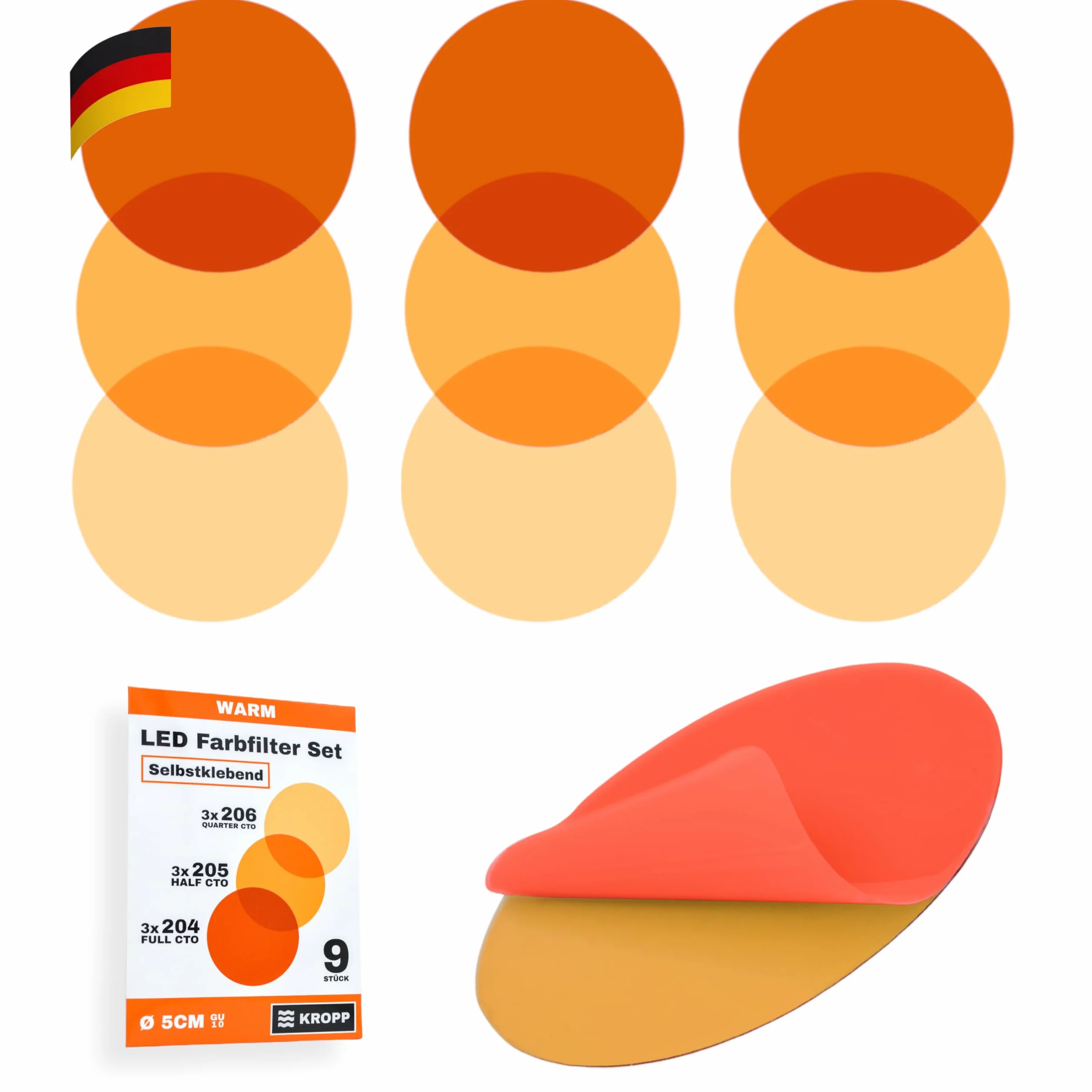 Kolorowe folie samoprzylepne KROPP do lamp LED, 5 CM cięcie, 3 tony ciepły biały filtr barwny do korekcji kolorów, światło dzienne do światła żarowego, zestawy filtrów po 9 sztuk (⌀ 50 mm)