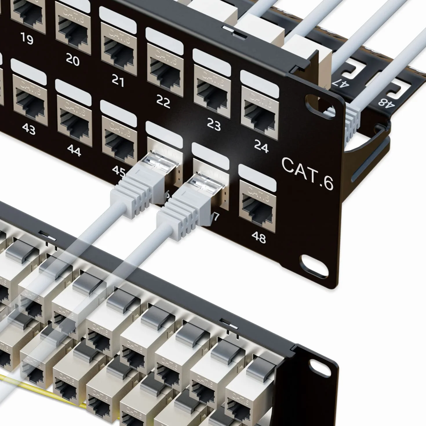 iwillink Panel krosowy z 48 portami RJ45 ekranowany przez złącze 2U Cat6 STP 19 cali z listwą tylną, uchwytem ściennym lub montażem do montażu w szafie, kompatybilny z okablowaniem Cat5, Cat5e, Cat6