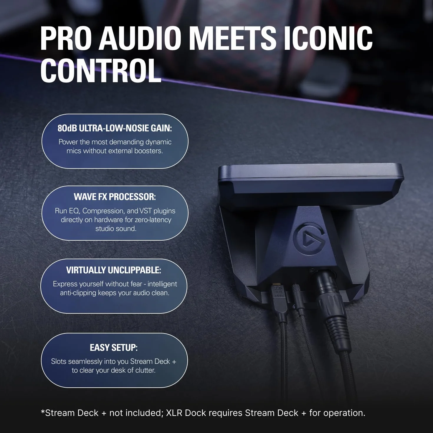 Elgato XLR Dock MK.2 - Interfejs audio do Stream Deck +, wzmocnienie 80dB, zasilanie Phantom, Clipguard 2.0, efekty DSP, USB-C, współpracuje z dowolnym mikrofonem XLR
