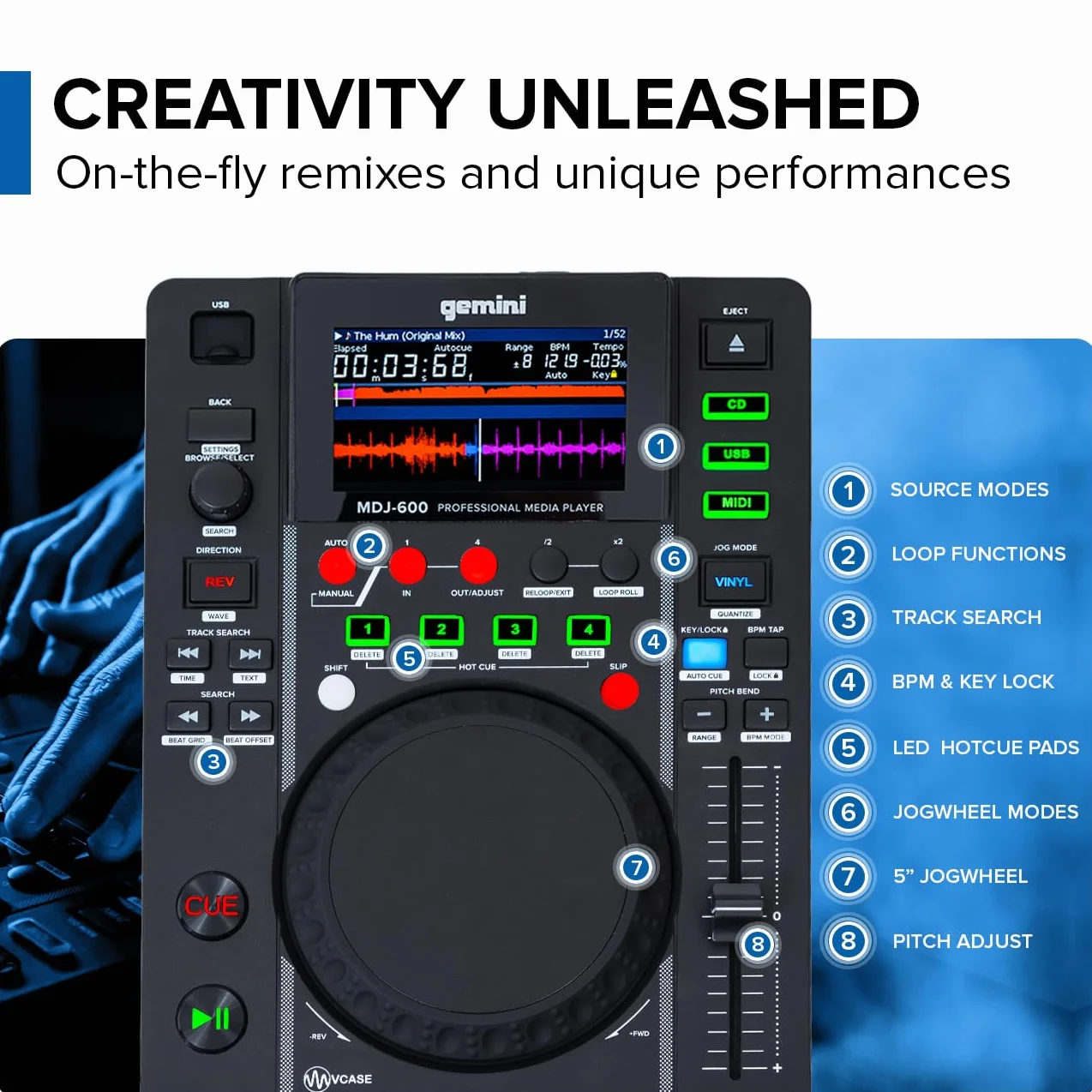 Gemini Sound MDJ-600 - profesjonalny odtwarzacz CD/Media Player z 4 Hot Cues i Auto/Manual Looping, kolorowy ekran, MIDI, 24-bitowy/192 kHz karta dźwiękowa