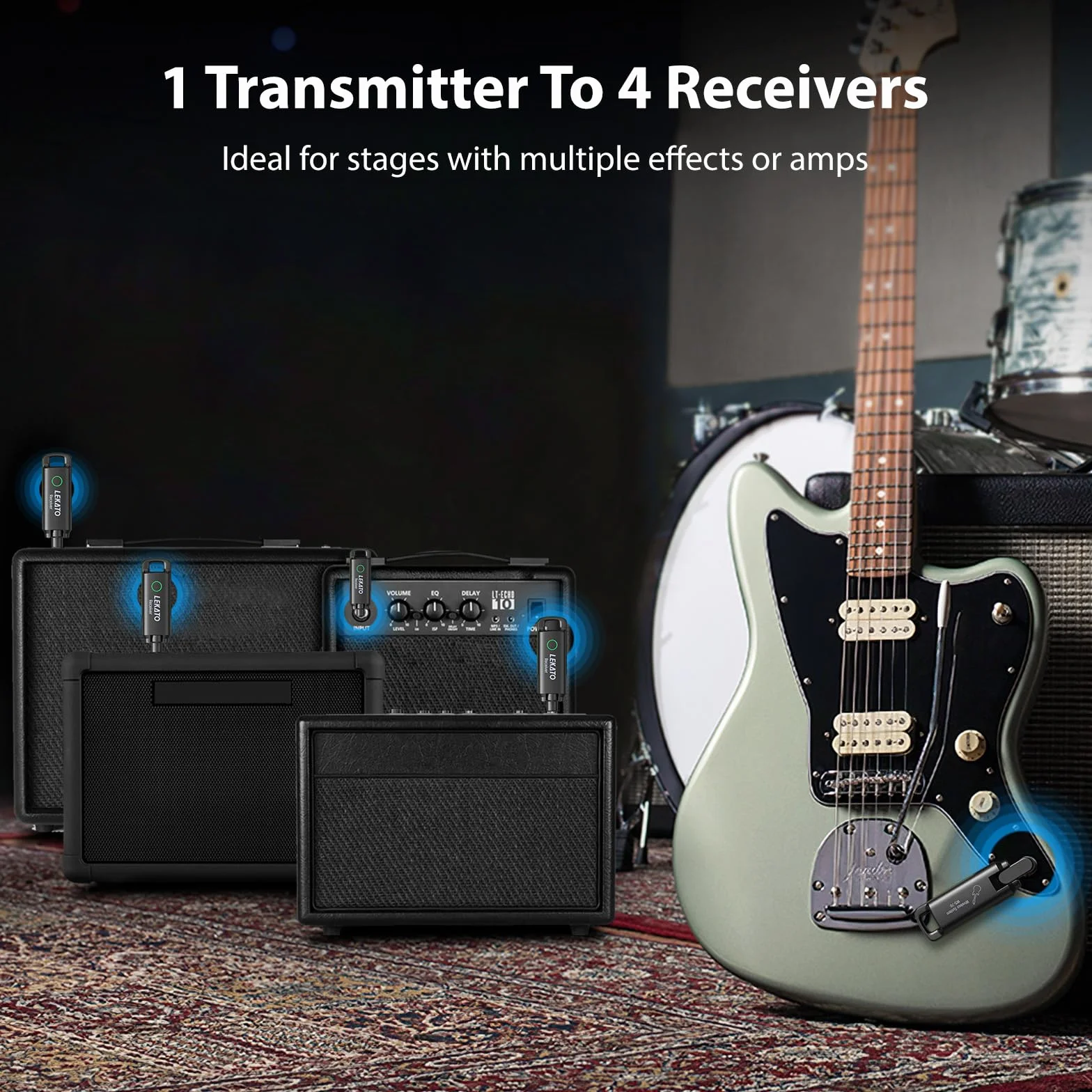 LEKATO Bezprzewodowy system gitarowy 70 kanałów <3 ms Odbiornik nadajnik do gitar basowych żółty
