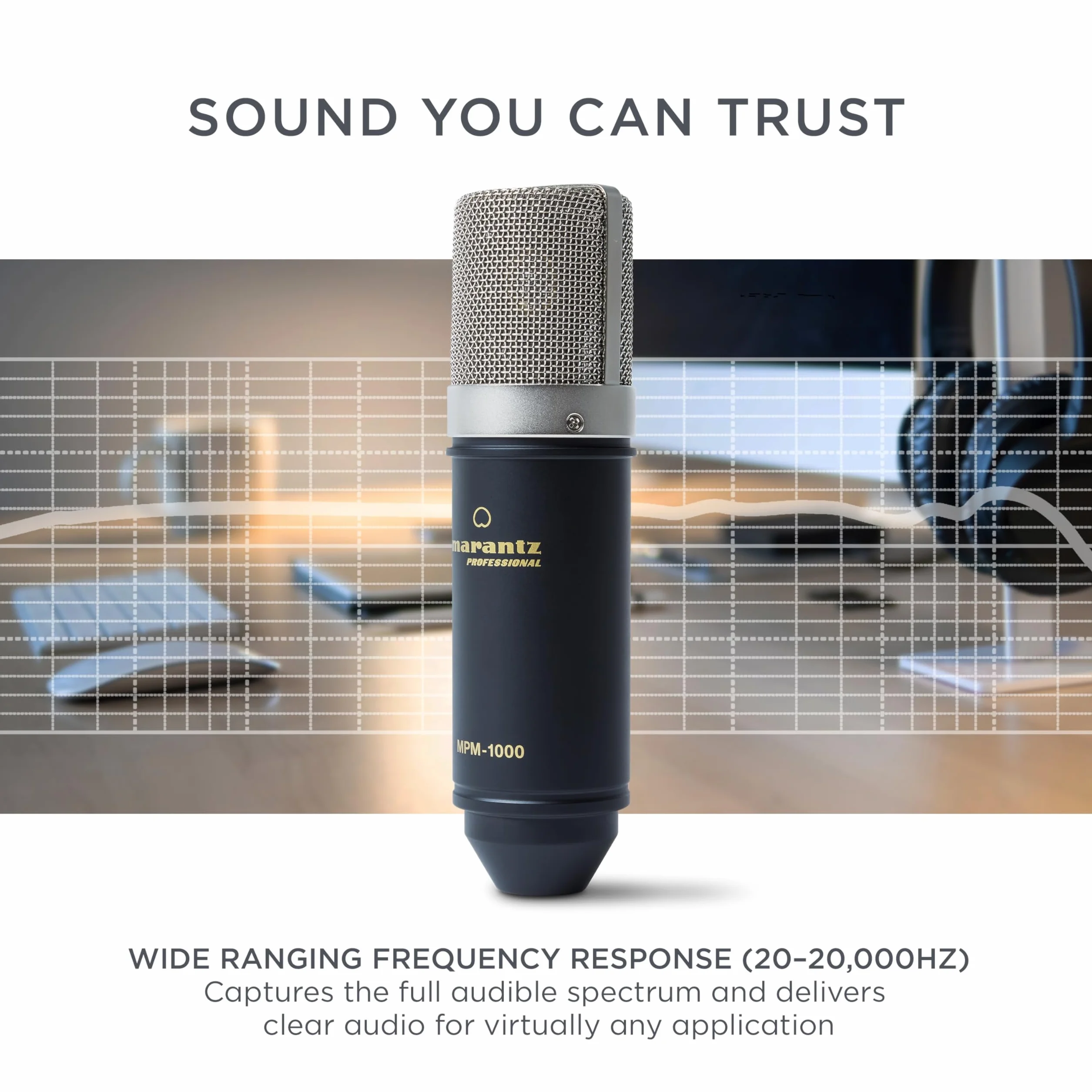 Marantz Professional MPM-1000 – Studyjny mikrofon pojemnościowy z podstawką biurkową i kablem – do podcastów i streamingu
