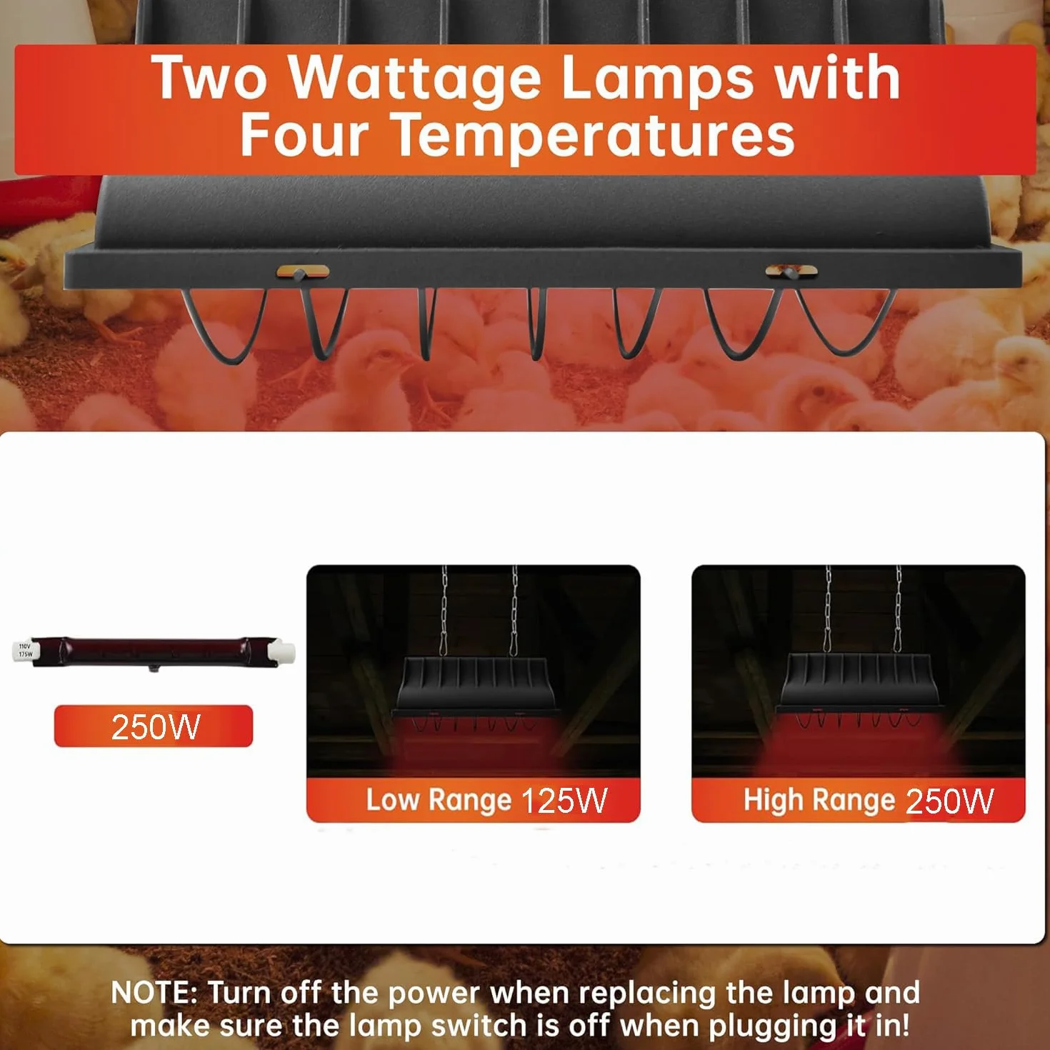 HEYOUTH Lampa grzewcza dla drobiu, podgrzewacz kurczaków, podgrzewacz kurnika, stała temperatura, do hodowli piskląt, kaczek, przepiórek i ptaków (250W)