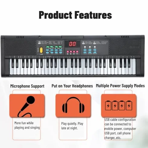Klawiatura Piano 61 Klawiszy Klawiatura Pianina Cyfrowego z Mikrofonem Kabel USB Podwójne Głośniki dla Dzieci Dorośli Początkujący