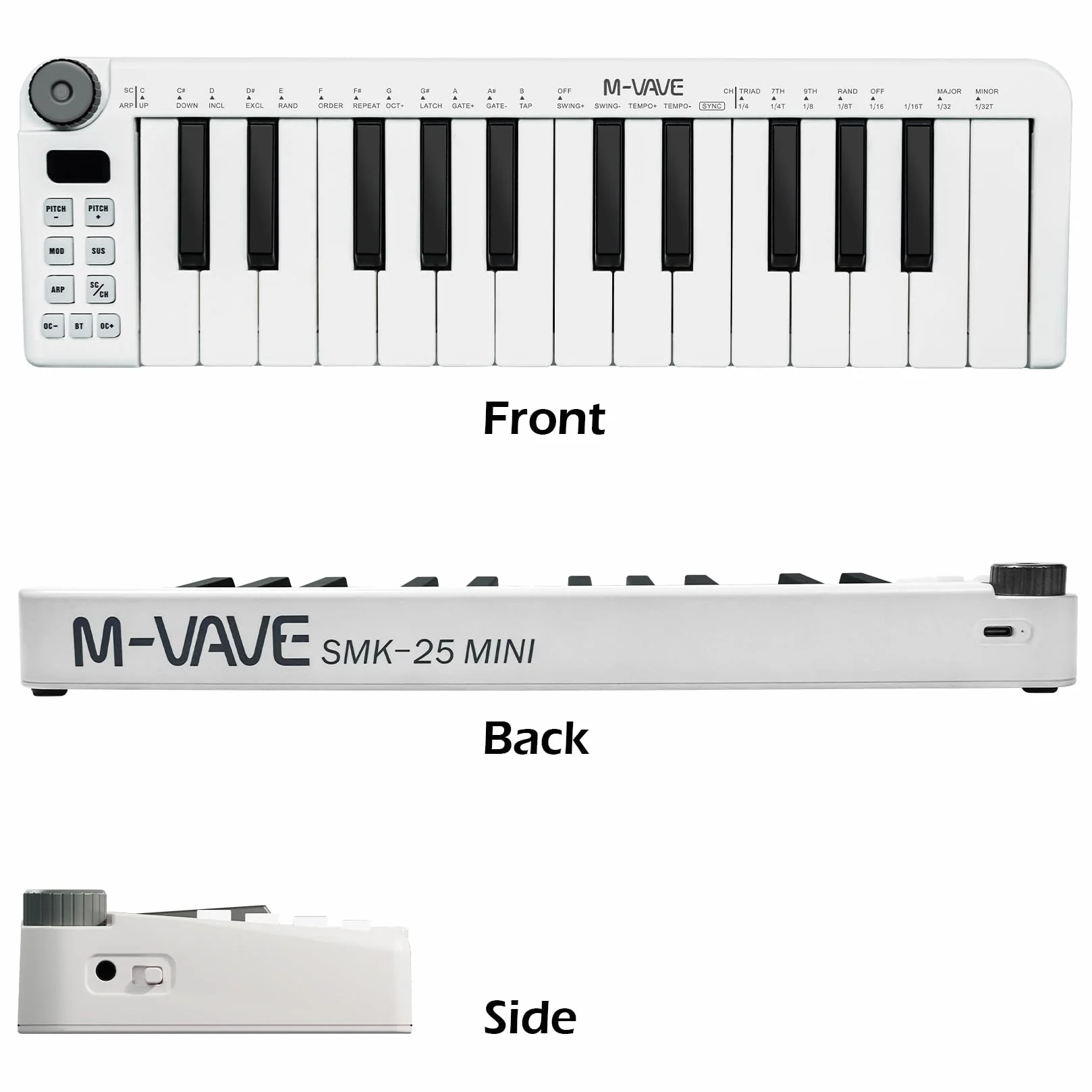 M-VAVE 25-klawiszowa mini klawiatura, klawiatura MIDI, profesjonalny Beat Maker i Keytar do produkcji muzycznej, wbudowana bateria, bezprzewodowe połączenie, Biały, mini bez