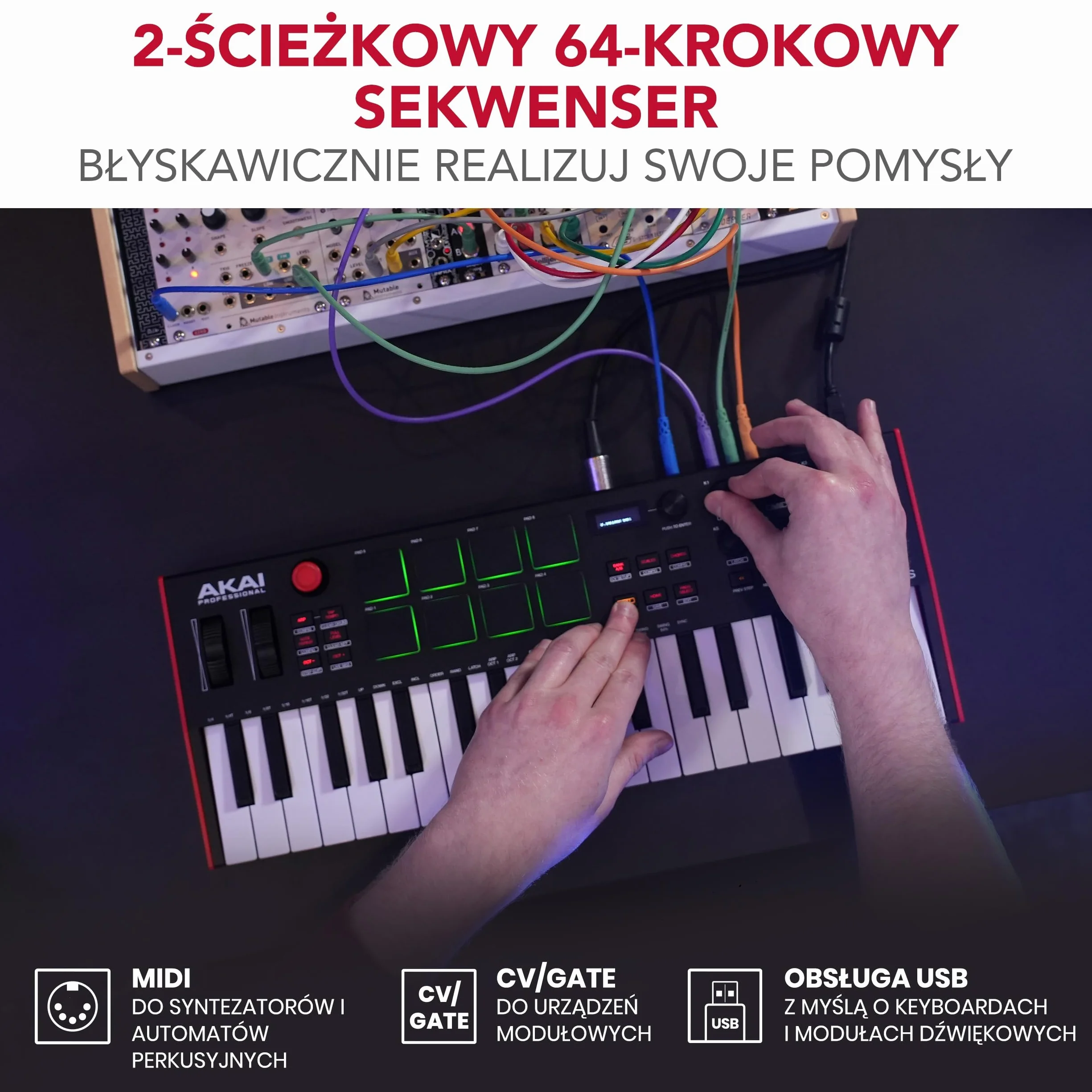 Akai Professional MPK Mini Plus – klawiatura sterująca USB MIDI z 37 miniklawiszami, 8 padami MPC, sekwencerem, MIDI/CV/Gate I/O, programem do produkcji muzyki oraz pakietem Native Instruments