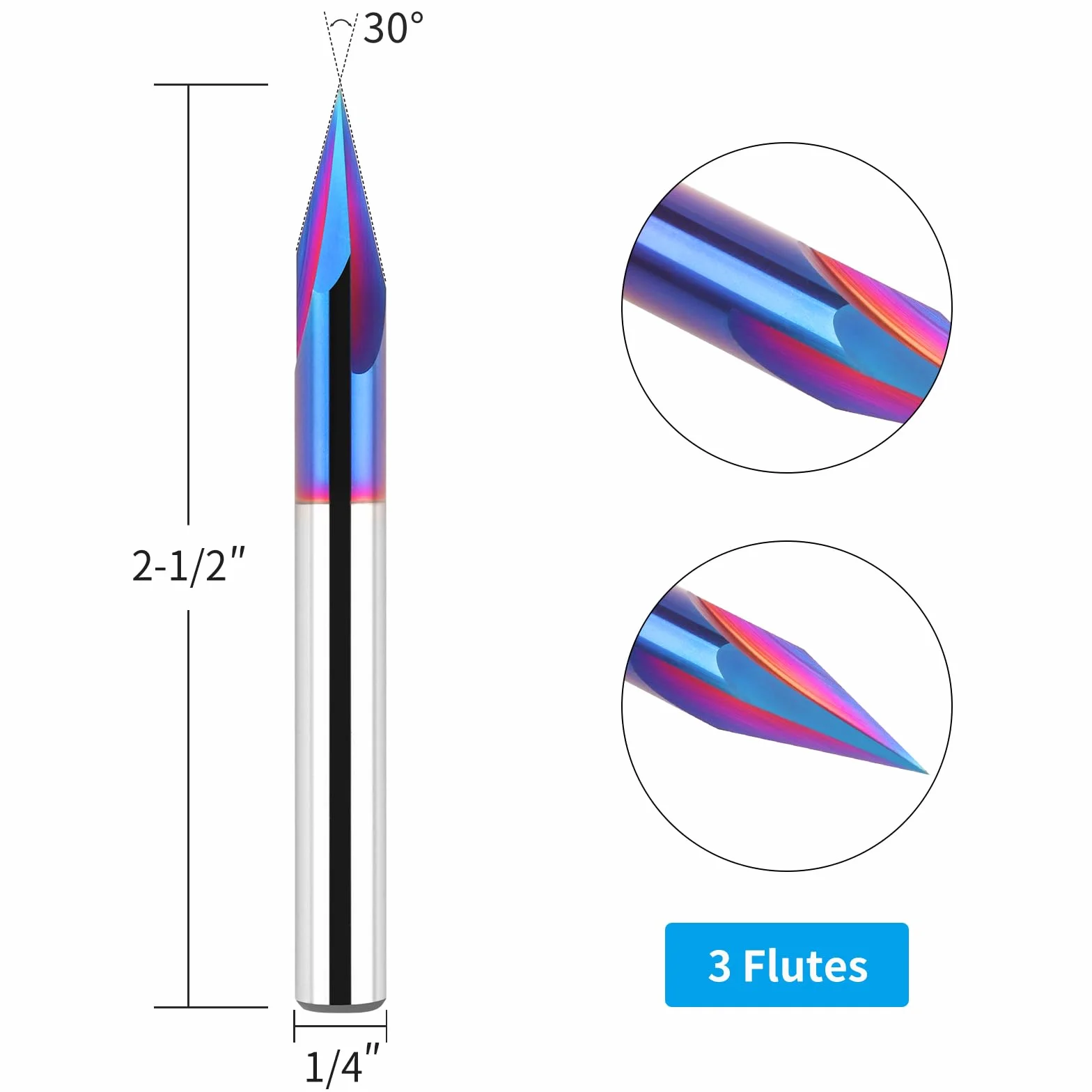 EANOSIC 30 stopni V-bit, trzon 6,35 mm, frez do włókna CNC, 3-ostrzowy, V-rowek z niebieską powłoką nano, do drewna, grawerowania CNC, rzeźbienia (bardzo długie)