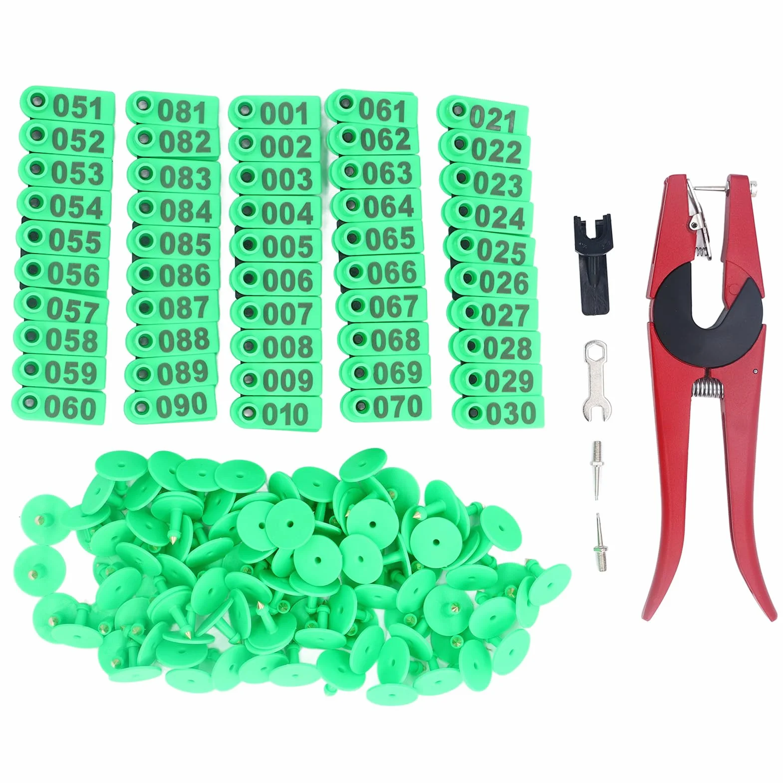 100 livestock ear tags set, made of TPU and aluminum alloy suitable for cattle sheep pigs horses farms ranches and slaughterhouses (Green Ear Tag with Red Pliers with 2 Ear Tag)