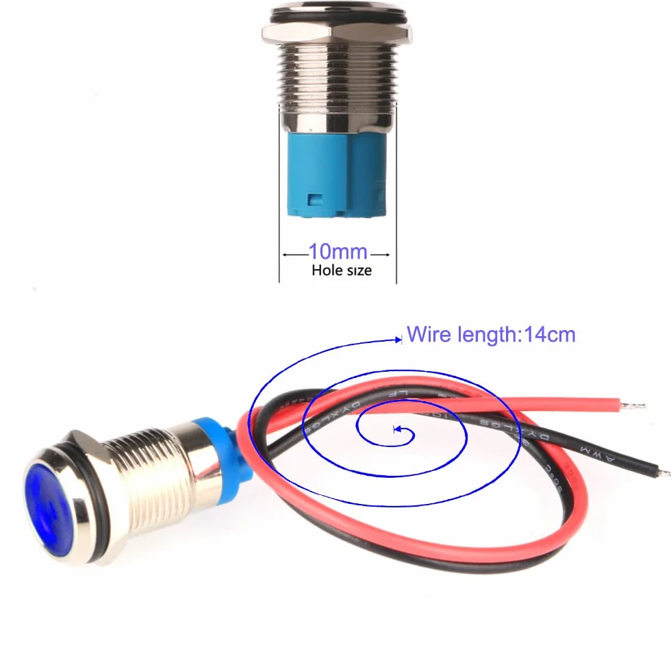 Gebildet 5Szt. 10mm AC/DC 12-24V Energooszczędna Dioda Led Metalowy Wskaźnik Świetlny Wodoodporna Lampka Sygnalizacyjna Z Przewodem (Niebieska)