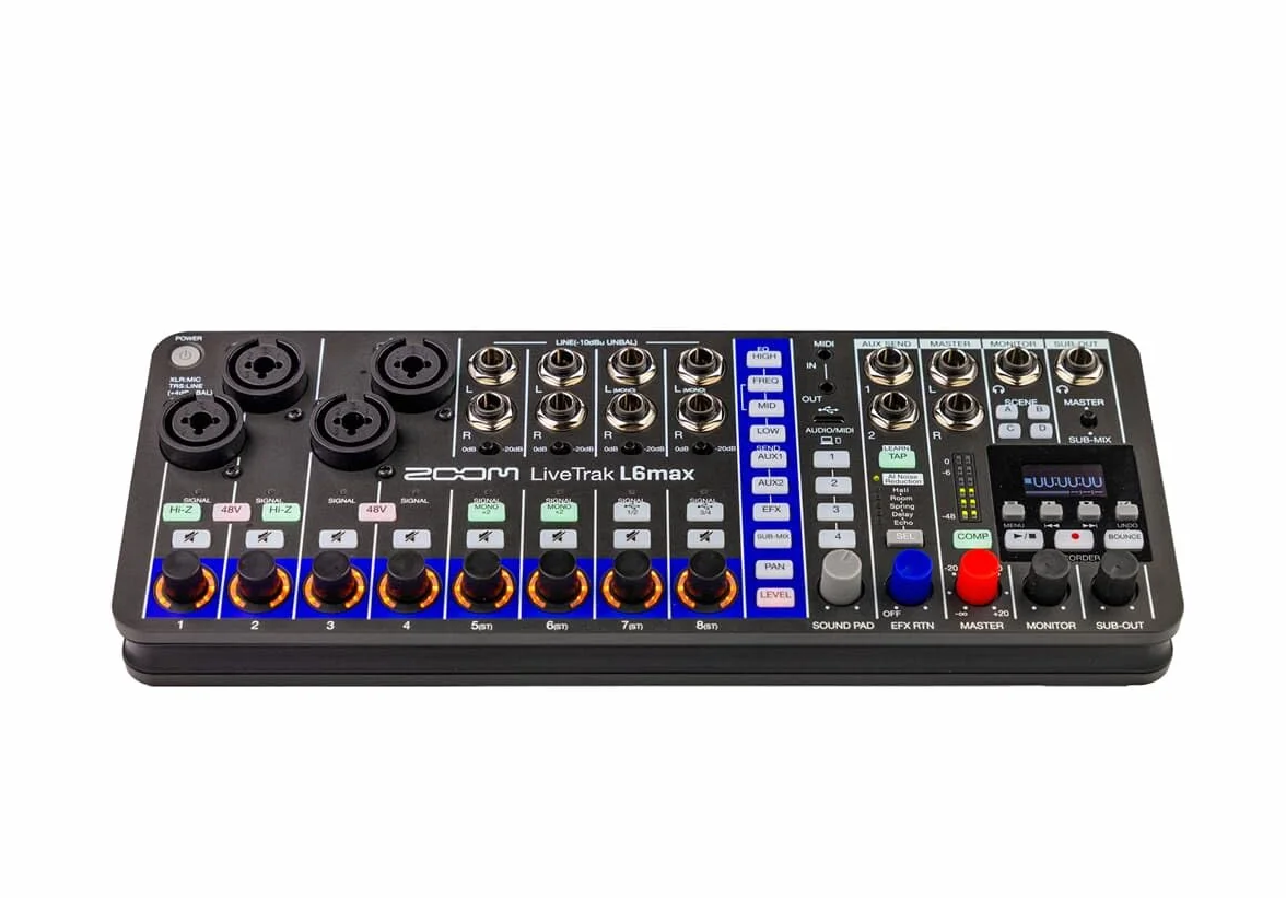 ZOOM LiveTrak L-6max przenośny 12-ścieżkowy mikser cyfrowy, rejestrator wielościeżkowy i interfejs audio dla Zespoły muzyczne, transmisji na żywo i studia, 32-bit, XLR-TRS, redukcja szumów AI, efekty