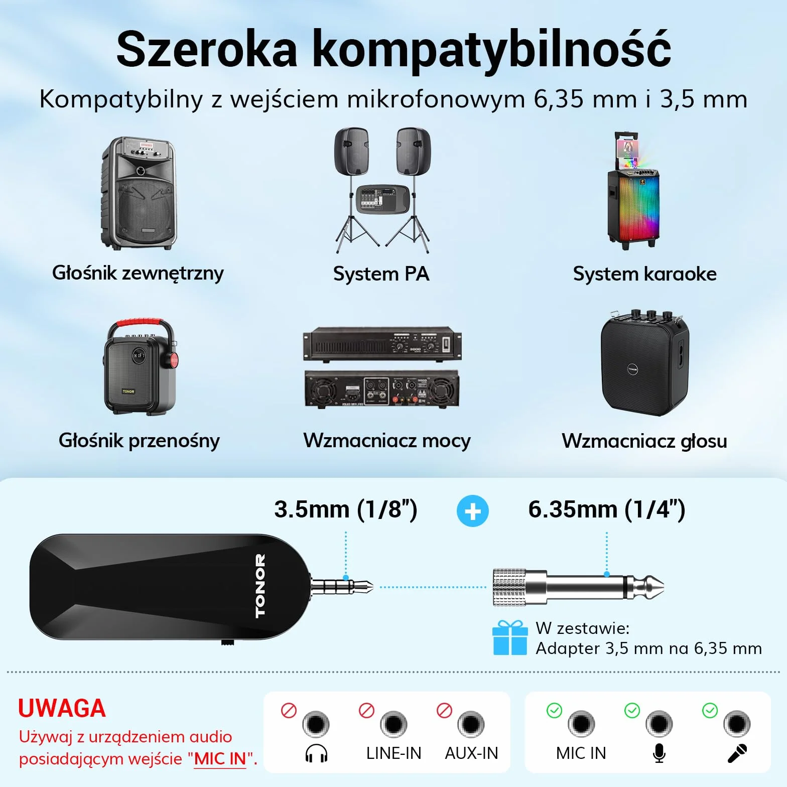 TONOR Bezprzewodowy Zestaw Słuchawkowy z Mikrofonem UHF, Bezprzewodowy Mikrofon z 20 Kanałami, Transmisja Zasięgu 20 m do Spiewania, Fitnessu, Nauczania, Przewodnika, Wzmacniacza Głosu, Głośnika