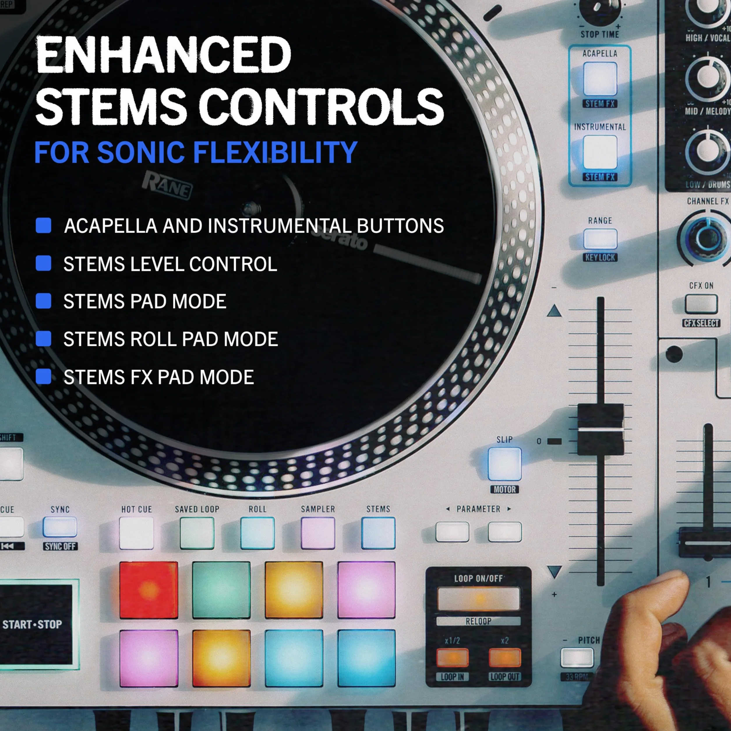 RANE ONE MKII – kontroler Serato DJ z napędem z 2 deckami, wewnętrznymi efektami, zaawansowaną kontrolą stemów dla scratchujących DJ-ów, do klubów i na imprezy