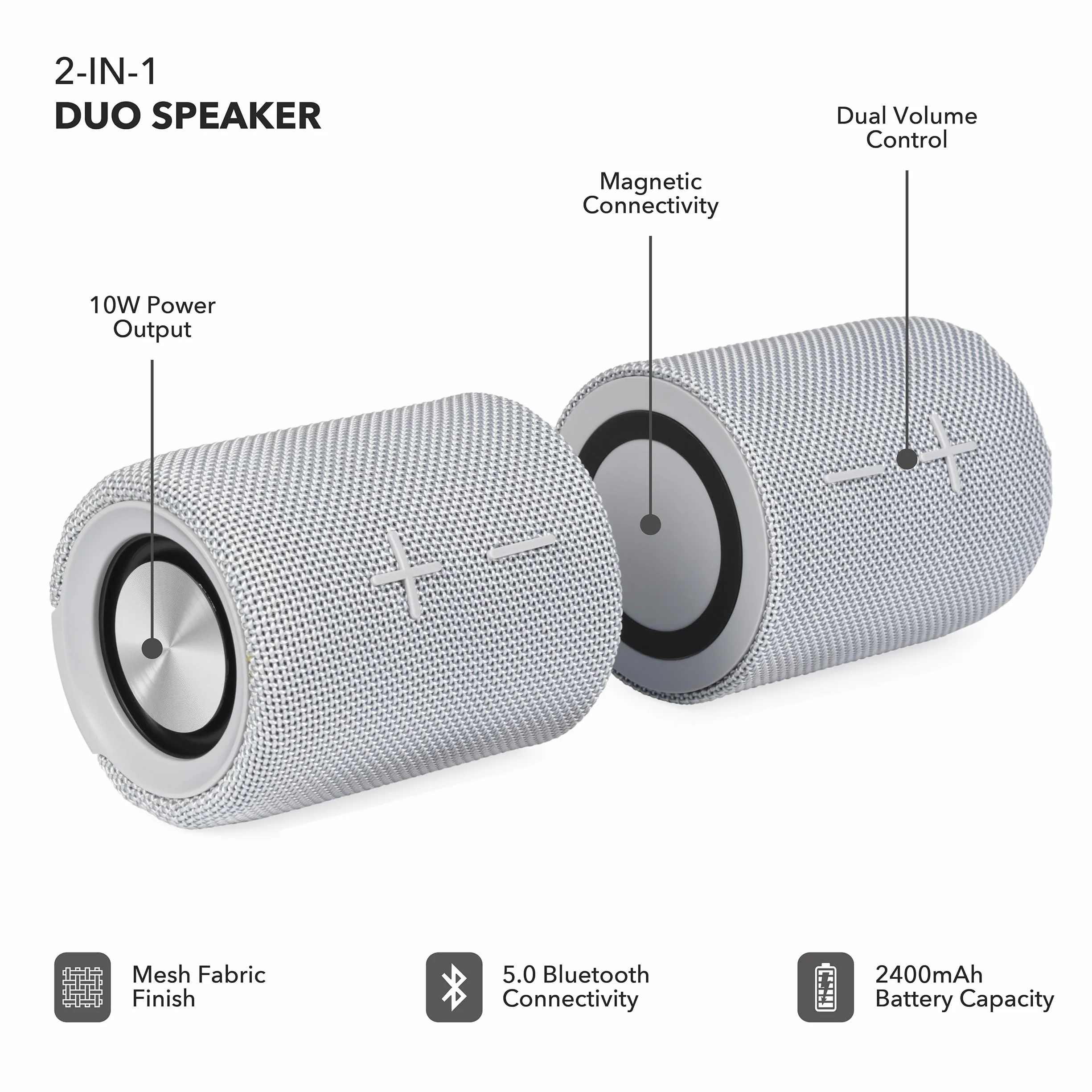 Intempo Aria Duo Głośnik Bezprzewodowy – Magnetyczne Głośniki Bluetooth 6.0 20 W, Tryb TWS, Dźwięk Stereo HD, Akumulator, Uchwyt, Wodoodporność IPX4, USB‑C, Szary