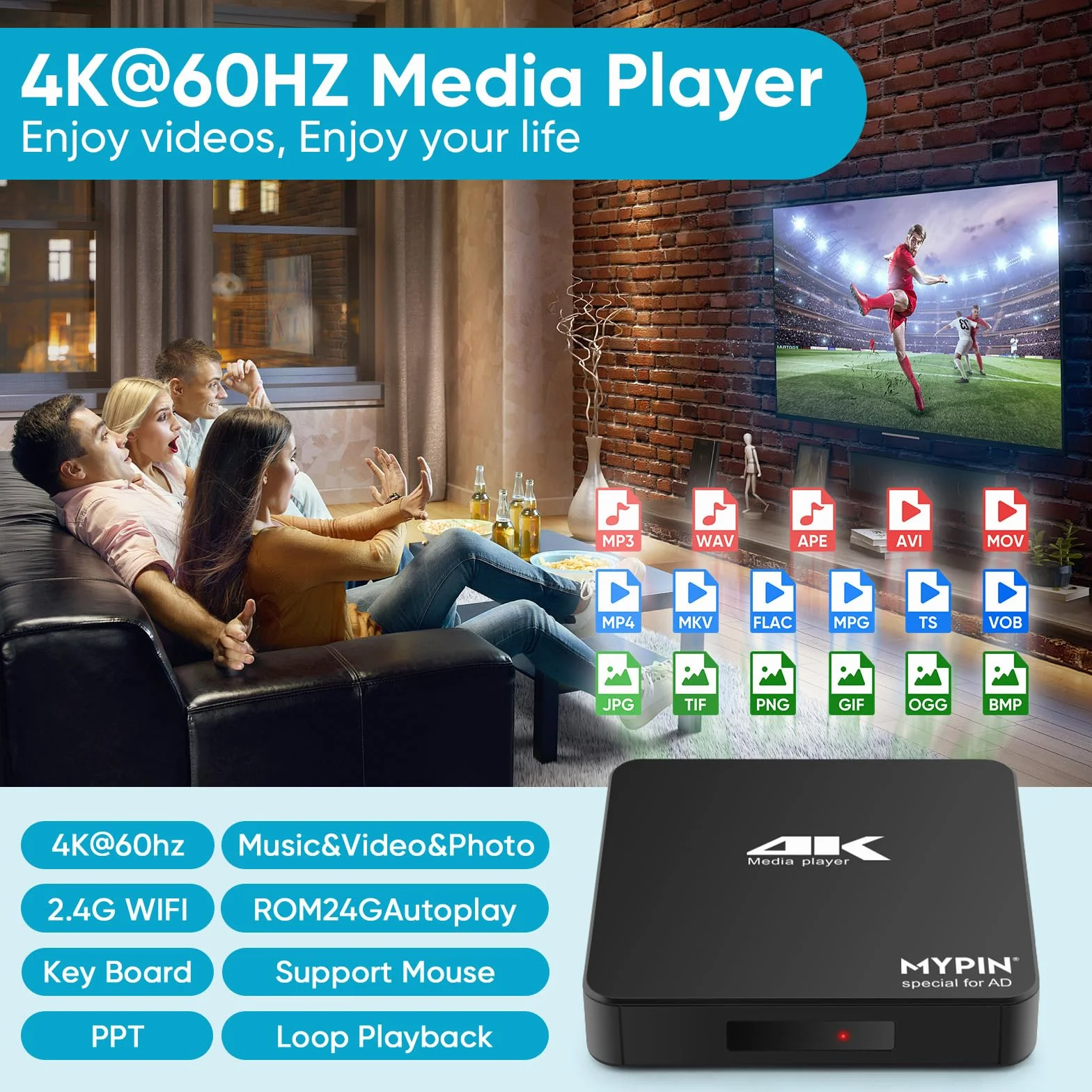 MYPIN Odtwarzacz multimedialny 4K 60 Hz obsługuje dysk twardy 8 TB HDD/256G USB/karta SD z wyjściem HDMI/AV do HDTV/PPT MKV AVI MP4 H.265 - obsługuje napisy reklamowe/timing