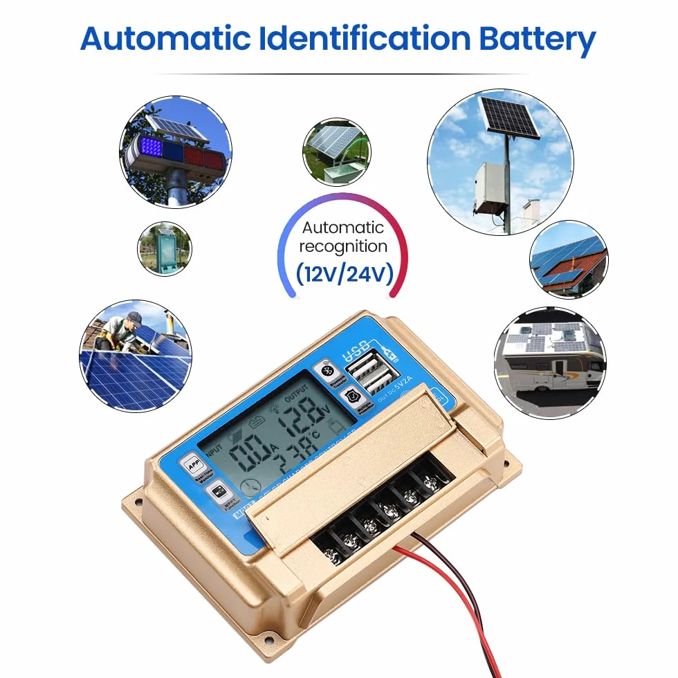 Solarny regulator ładowania MPPT 30 A, ładowarka solarna 12 V/24 V, autofokus, MPPT Tracking Charge z wyświetlaczem Bluetooth LCD, podwójny USB, regulator ładowania, kilka trybów sterowania