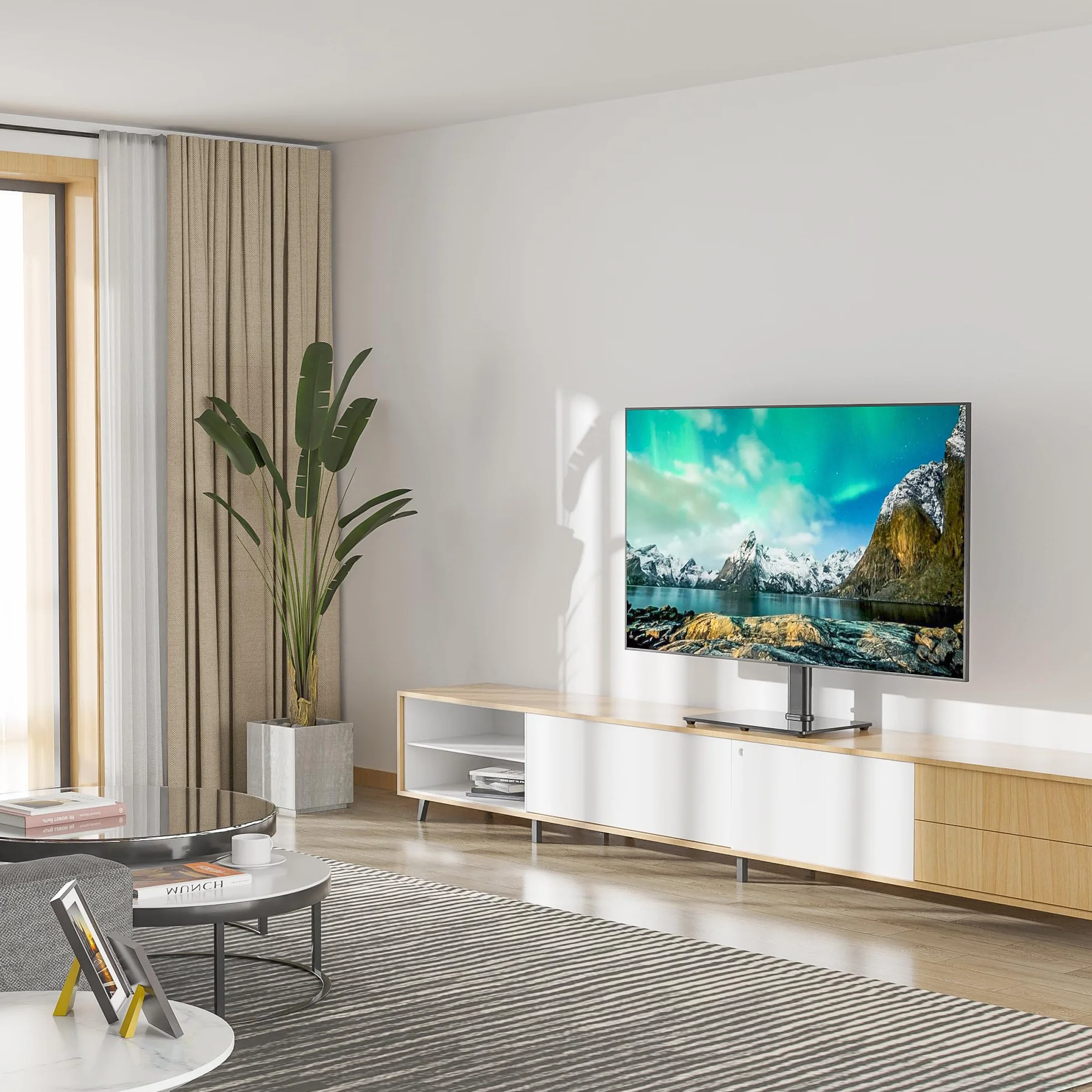 BONTEC Stojak TV 26-65 cali, Regulowany Stołowy Stojak Telewizyjny, Obrotowy z Regulacją Wysokości, Podstawa ze Szkła Hartowanego, Kompatybilność VESA 75x75-600x400 mm, Max Udźwig 45 kg, Czarny