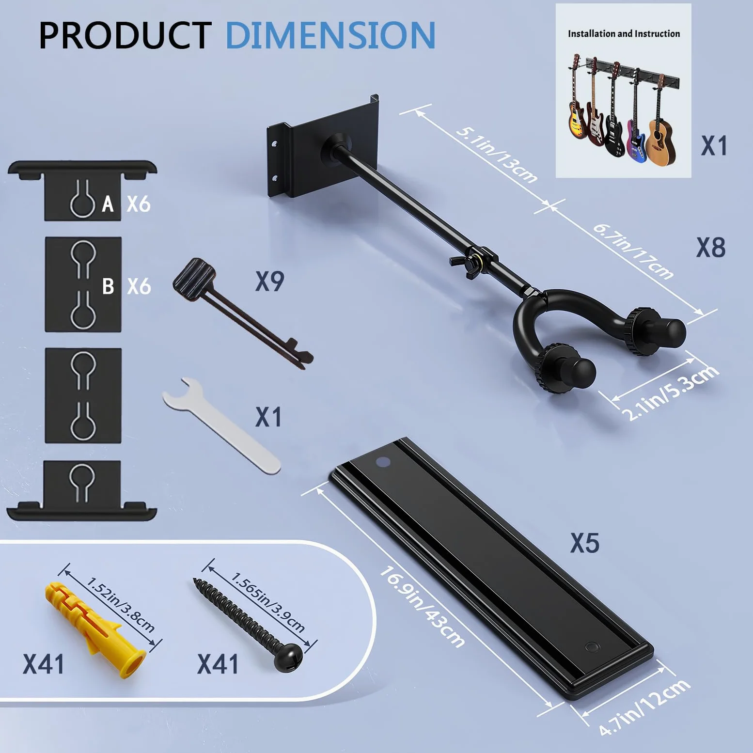 Uchwyt ścienny do gitary z wieloma wieszakami na gitarę, mieści 8 giter, aluminiowy metalowy uchwyt ścienny na gitarę, regulowany stojak na gitarę akustyczną gitarę elektryczną basową (zestaw 8