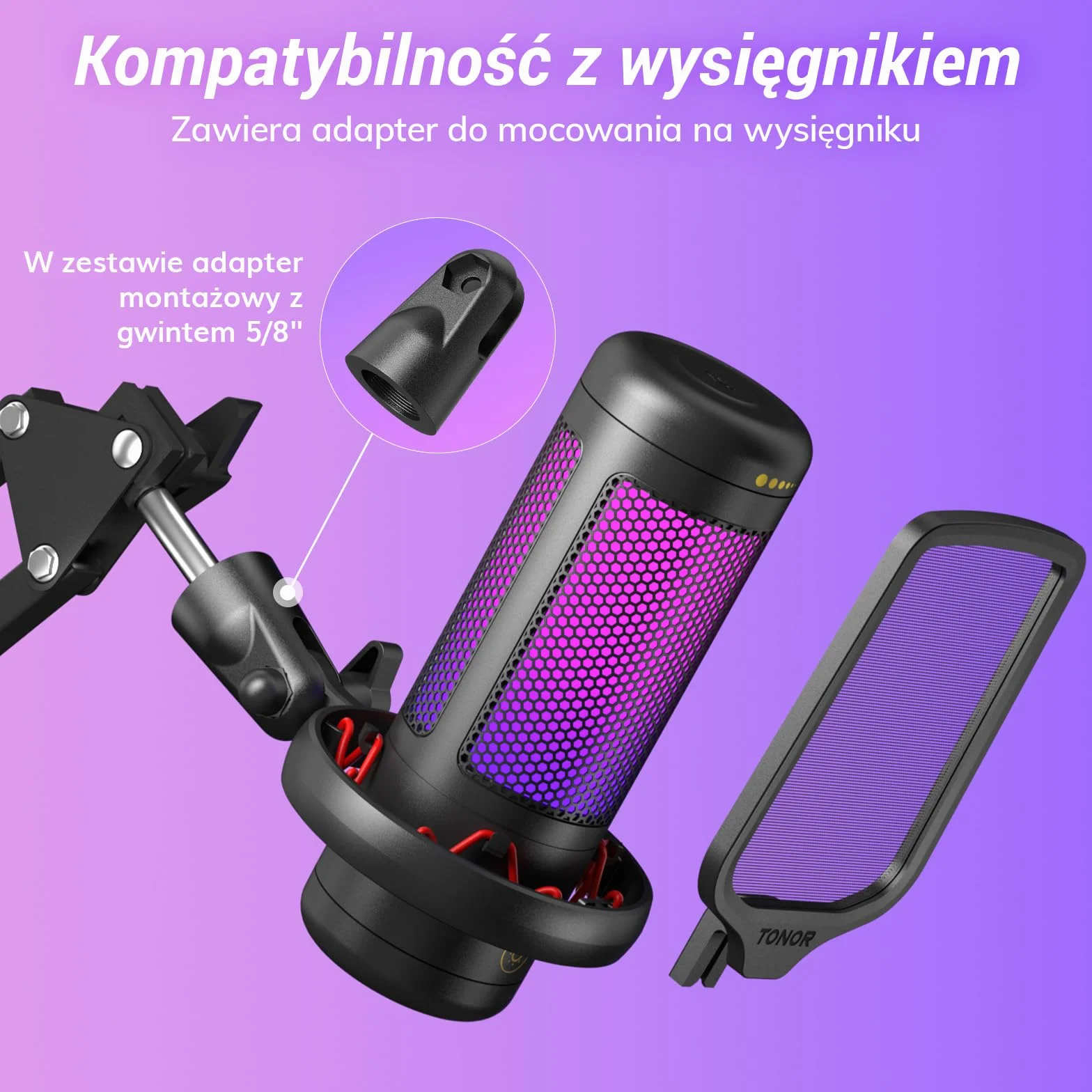 TONOR TC320 Mikrofon USB z kontrolą RGB/wzmocnienia, wyciszenie dotykowe do streamowania, podcastów, Twitch/YouTube/Discord, mikrofon komputerowy ze stojakiem na Mac/PS4/PS5/NS czarny