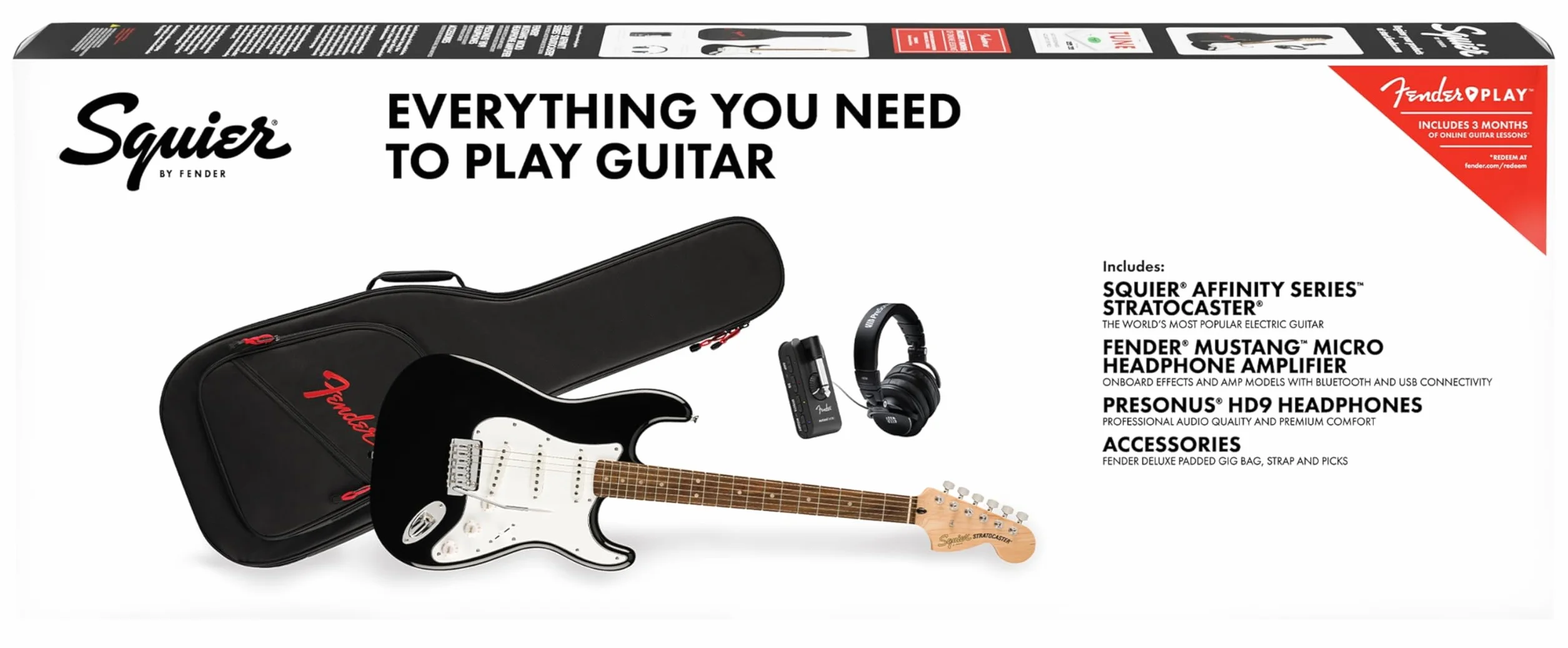 Squier by Fender Affinity Series™ Stratocaster® gitara elektryczna i mikropakiet Mustang™ w kolorze czarnym. Zawiera torbę na koncert, pasek, słuchawki, kostki i bezpłatną 3-miesięczną subskrypcję