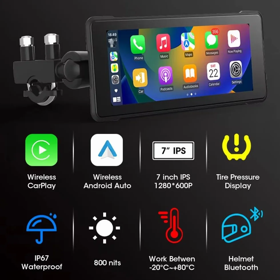 Nawigacja motocyklowa Carplay z wyświetlaczem 7" z systemem Android, w zestawie kamera i dvr z okrągłym mocowaniem kierownicy 7 cali prezent świąteczny z uchwytami samochodowymi i motocyklowymi