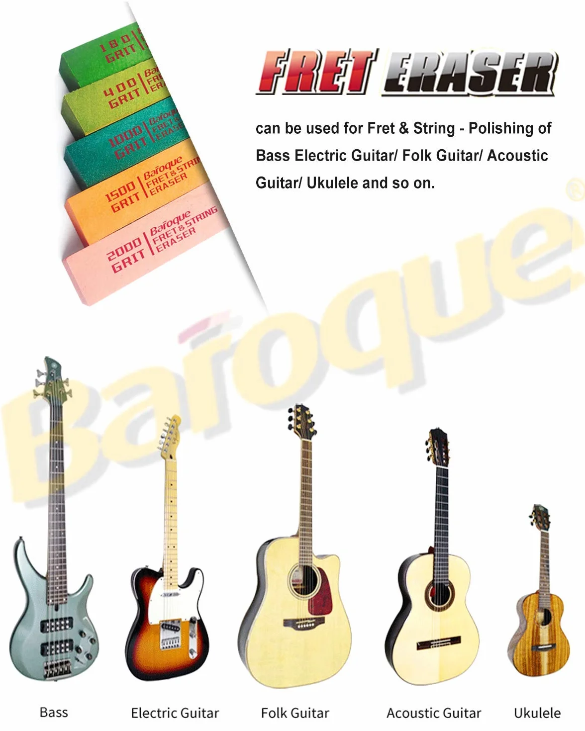 Baroque Guma do fretek gitarowych, polerowanie progów, zestaw narzędzi do czyszczenia progów/strun/metalu (180, 400, 1000, 1500, 2000 ziaren)
