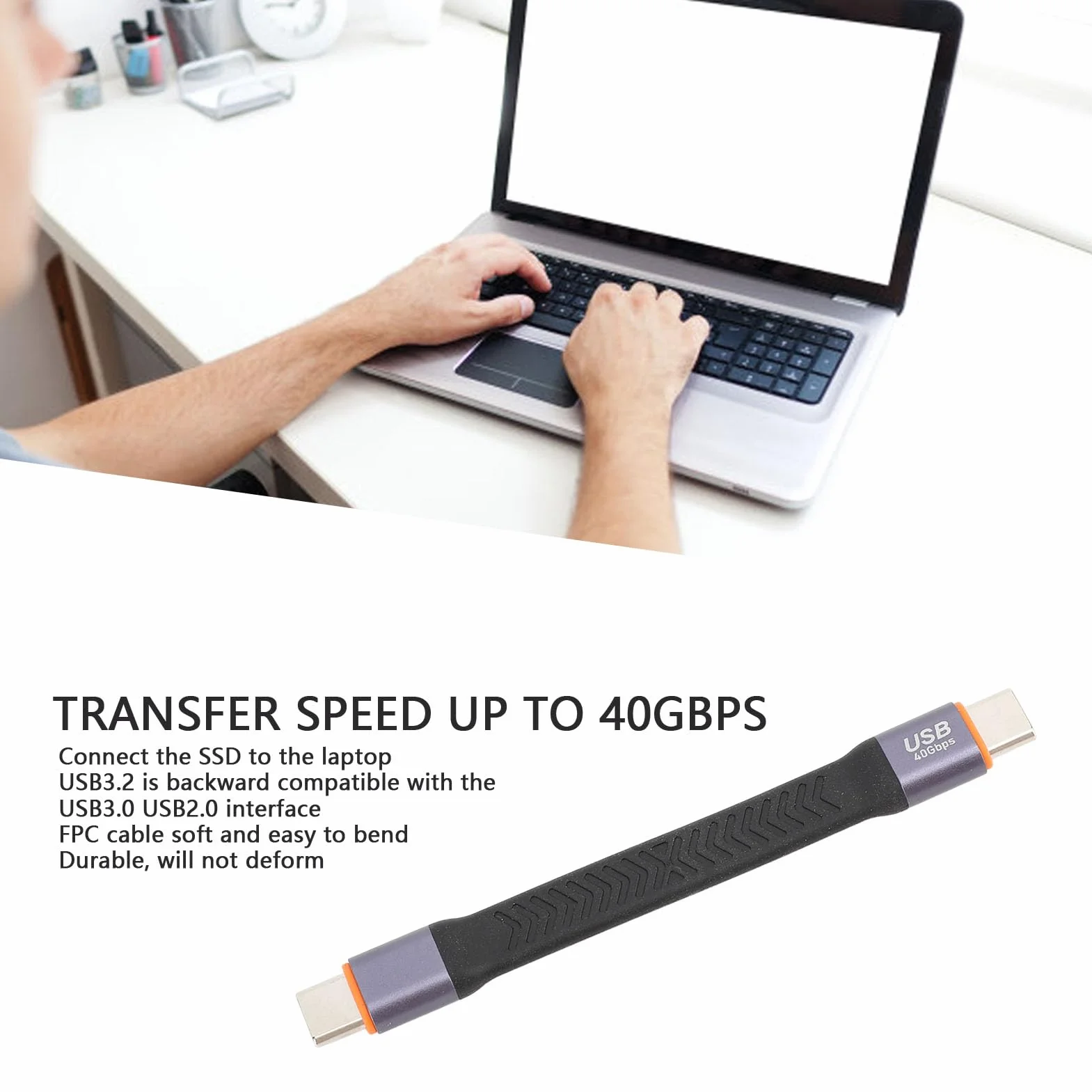 Krótki Kabel USB C 3.2 Gen 2, prędkość Przesyłania Danych 40 Gb/s, Elastyczna Konstrukcja FPC, Obudowa ze Stopu Aluminium, Funkcja Plug and Play, ze Złączem SSD, do Szybkiego