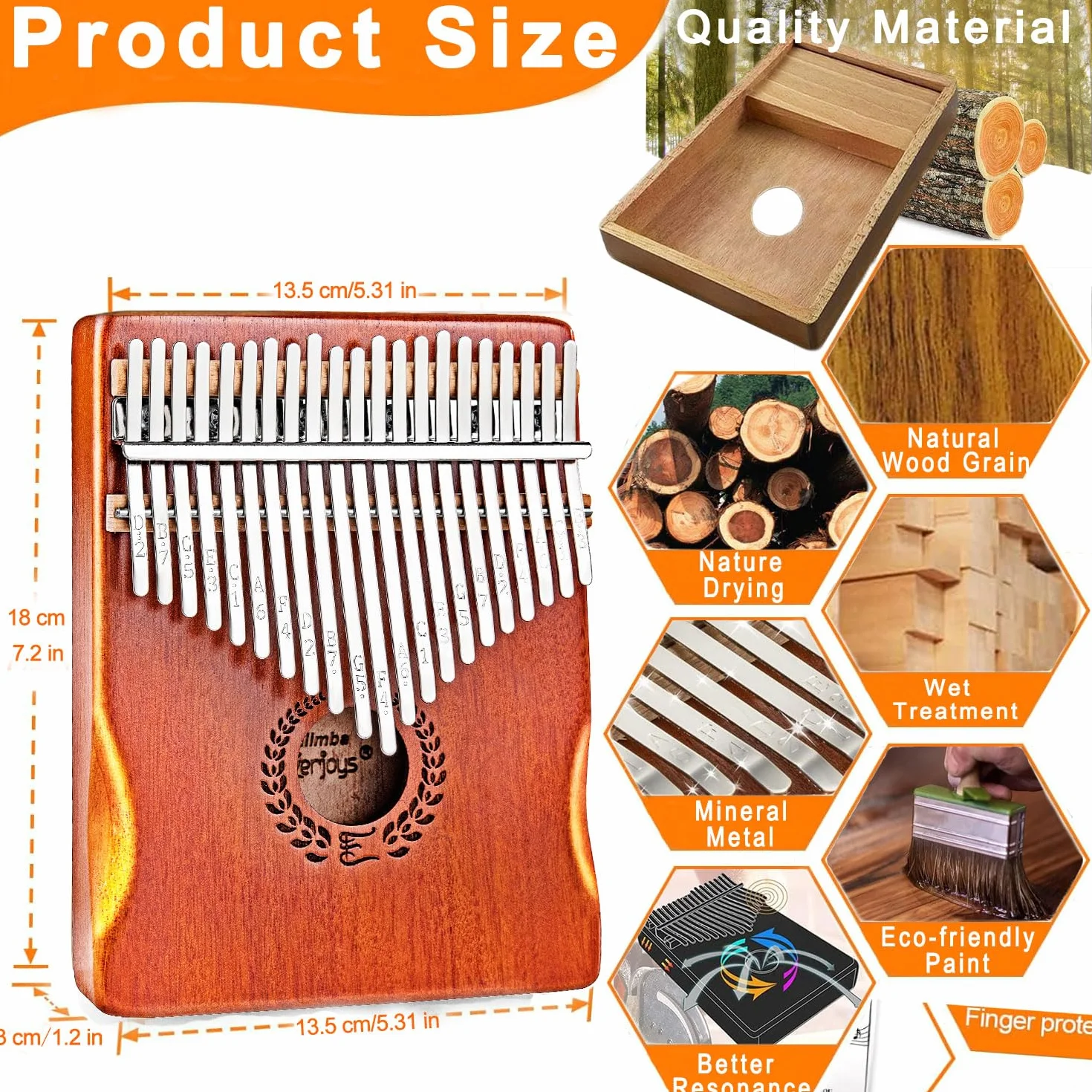 Everjoys Kalimba fortepian na kciuk, 21 klawiszy, profesjonalny instrument muzyczny, pianino na palec, marimby z przenośną miękką torbą z tkaniny, szybki śpiewnik, młotek do strojenia, wszystko w