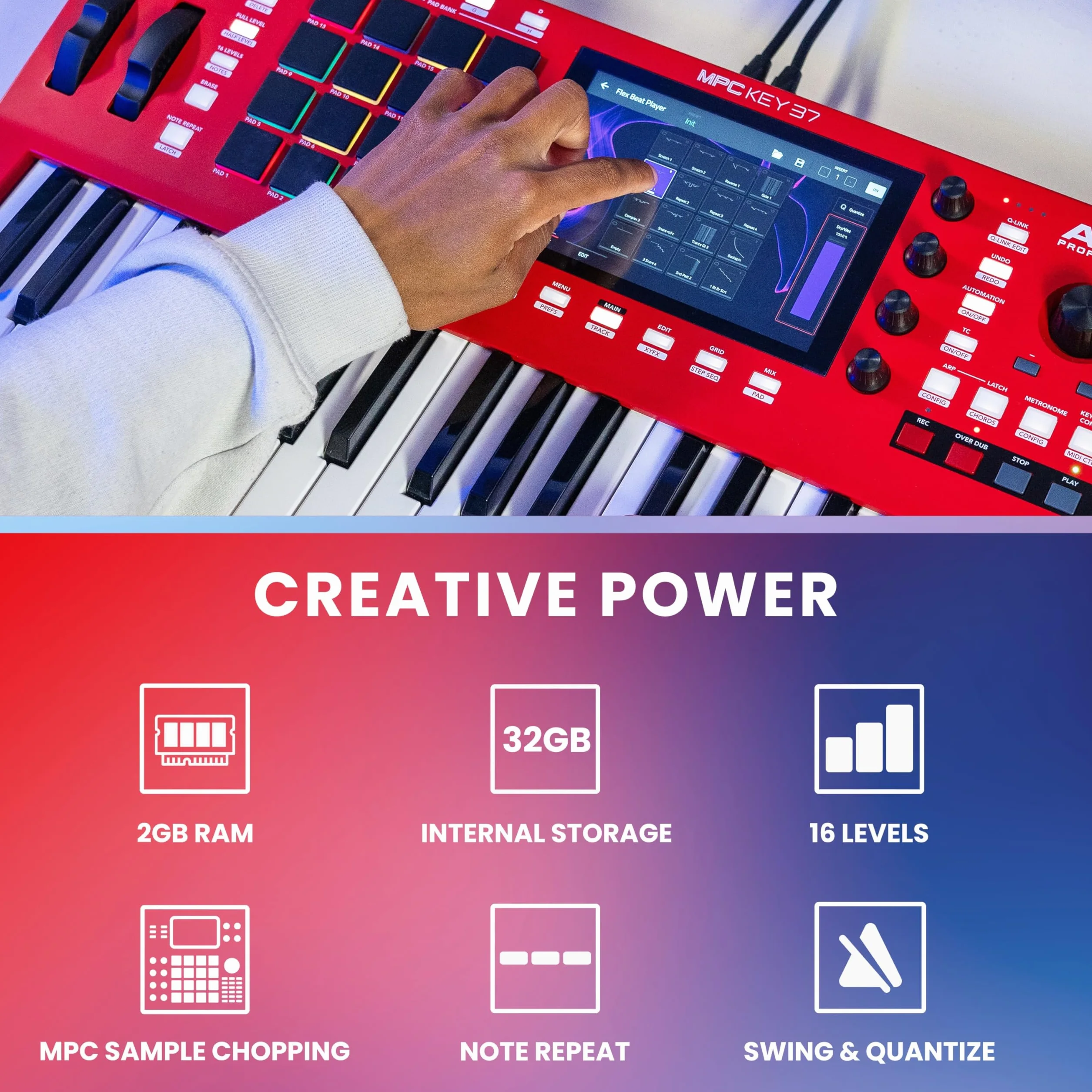 Akai Professional MPC Key 37 Samodzielny syntezator produkcyjny, automat perkusyjny, klawiatura MIDI, z Wi-Fi, Bluetooth, ekranem dotykowym, wtyczkami i integracją Native Instruments