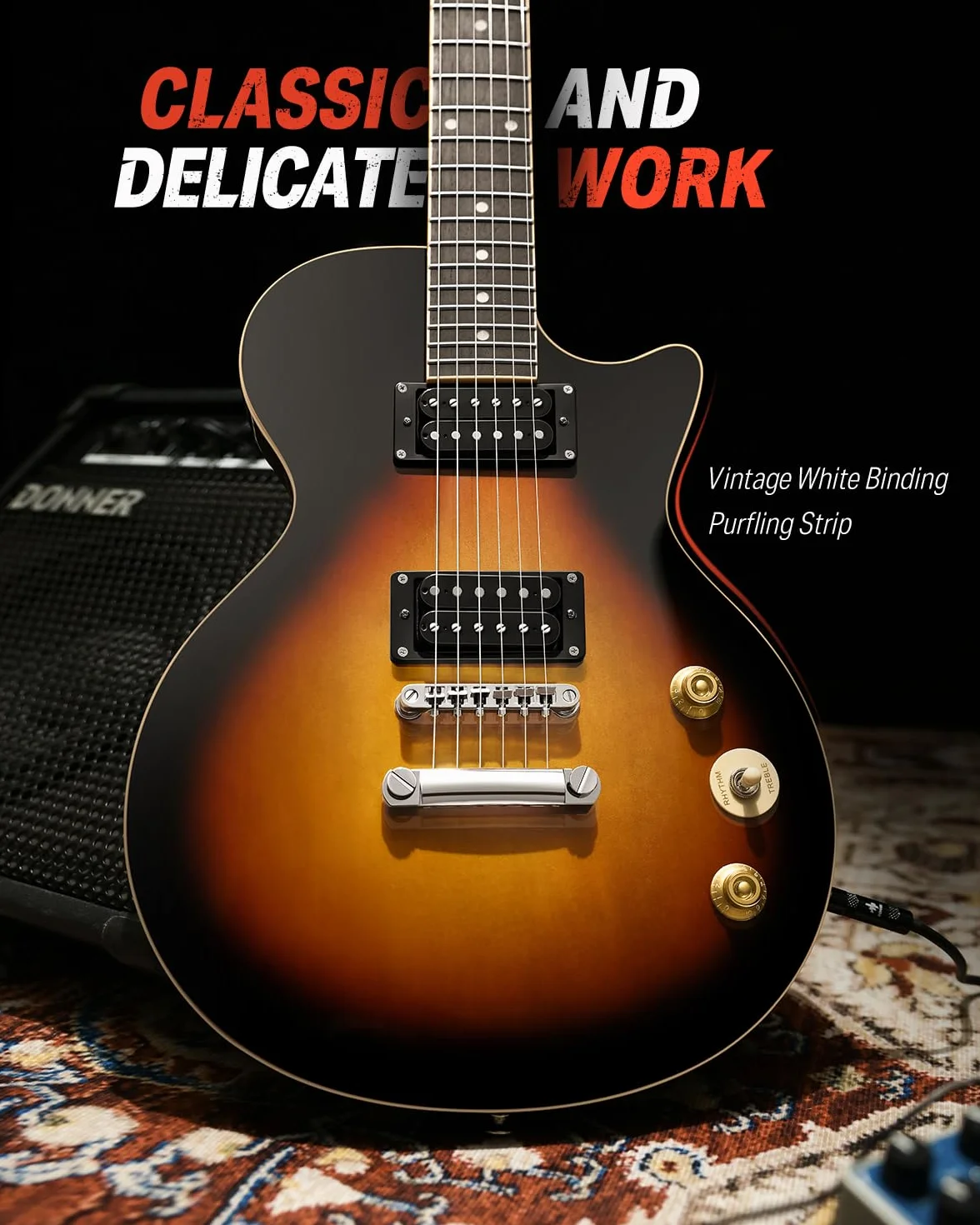 Donner Gitara elektryczna zestaw gitary elektrycznej w stylu LP 39 cali pełny rozmiar z torbą, paskiem, kablem (Sunburst)