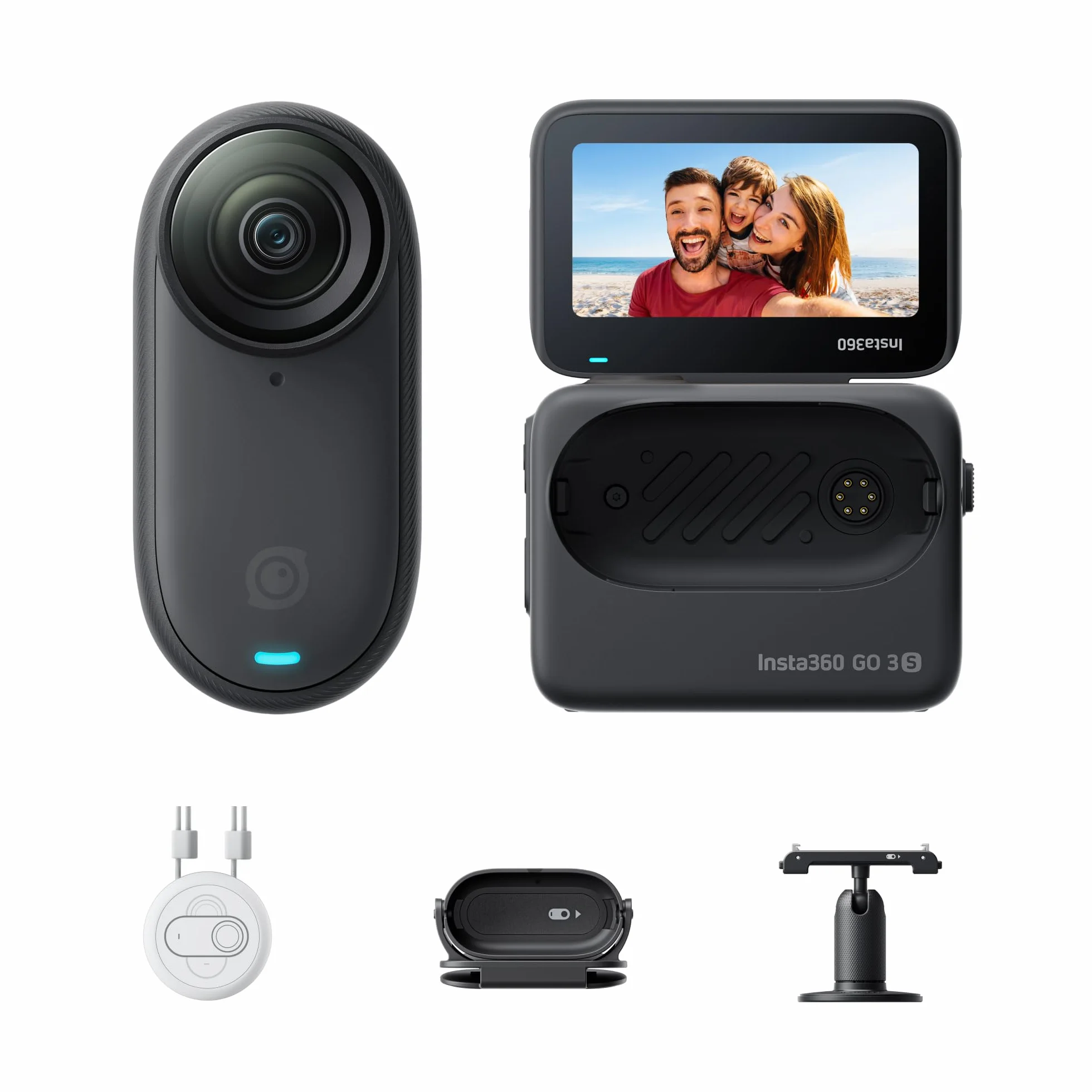 Insta360 GO 3S Przenośna minikamera 4K, POV, montaż w dowolnym miejscu, stabilizacja, akumulator 140 min., wodoszczelność 10 m, funkcje oparte na sztucznej inteligencji, Apple Find My, 128 GB, czarna