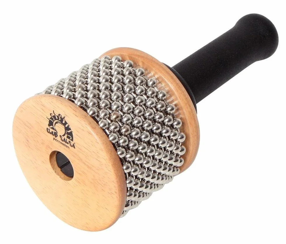 GEWA Cabasa 18 x 8 cm – instrument perkusyjny z korpusem z drewna, powierzchnią metalową i łańcuszkami z metalowych kulek – naturalny – gumowy uchwyt