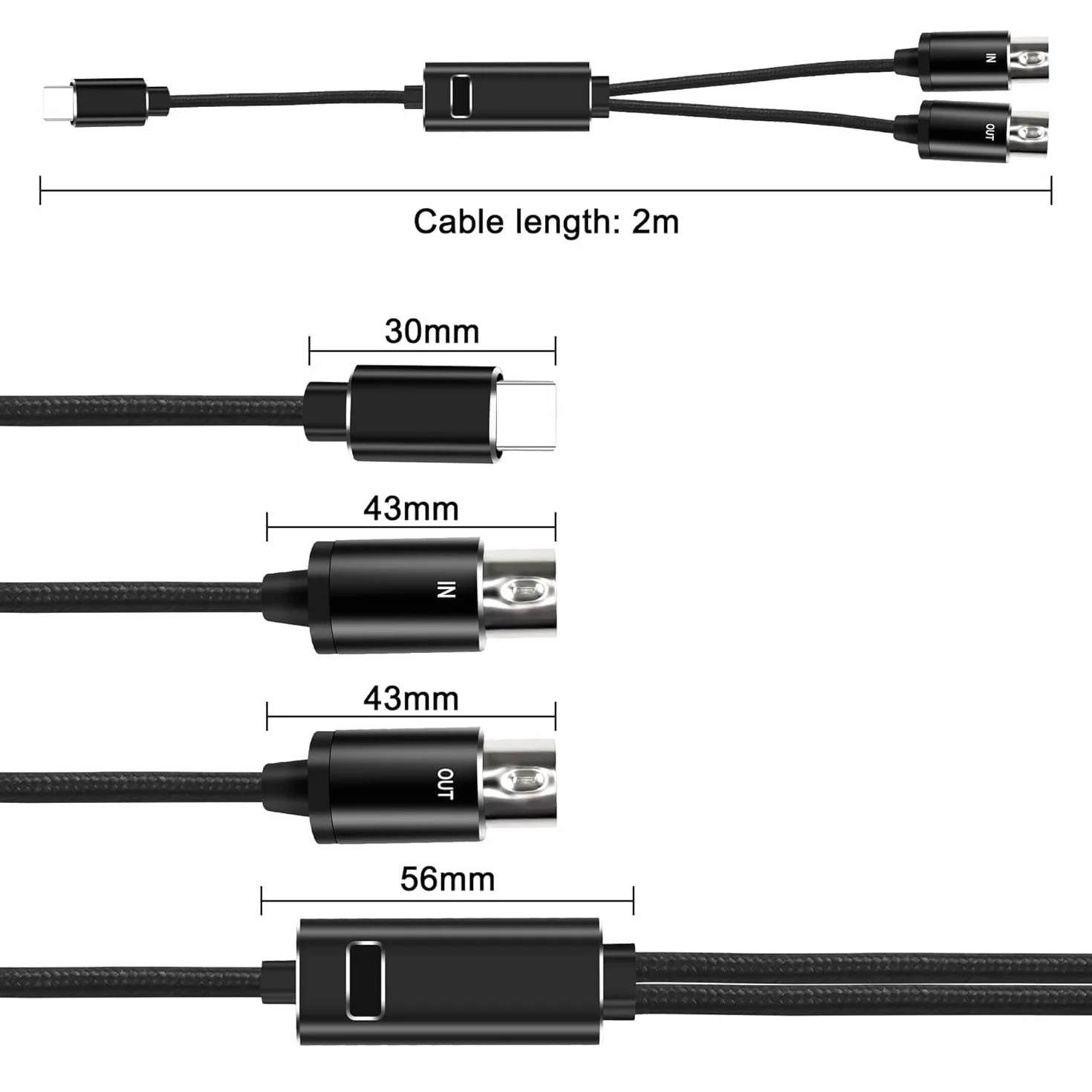 XMSJSIY MIDI do USB typu C Interface kabel adapter 5-pinowy MIDI do wejścia i wyjścia typu C, kabel z wyświetlaczem LED do fortepianu, klawiatury do PC Mac Laptop -2M (typ C)