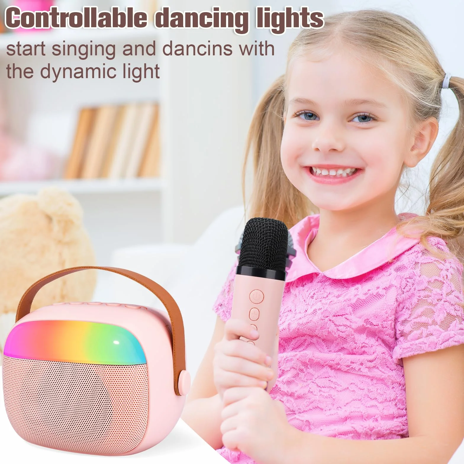 Maszyna Do Karaoke Dla Dzieci Z 2 Mikrofonami,Bezprzewodowy Głośnik Bluetooth,Z Efektami Zmiany Głosu I Diodami Led Prezent Dla Dziewczynek,Dla Dziewczynek W Wieku 3-12 Lat Prezent Urodzinowy