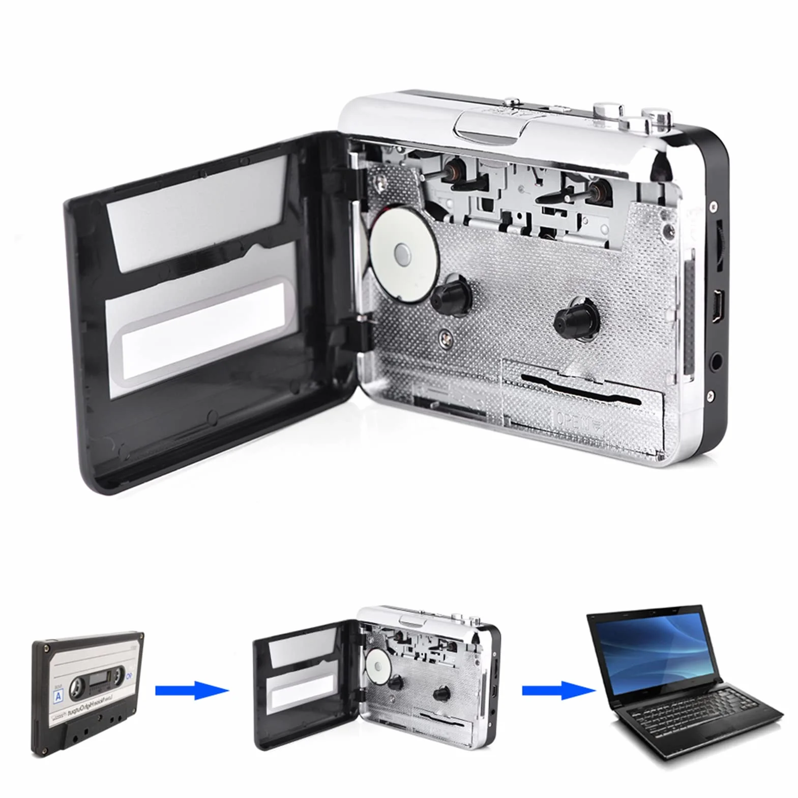 Konwerter Kasetowy USB na MP3 CD, Odtwarzacz Muzyki Przenośny ze Słuchawkami