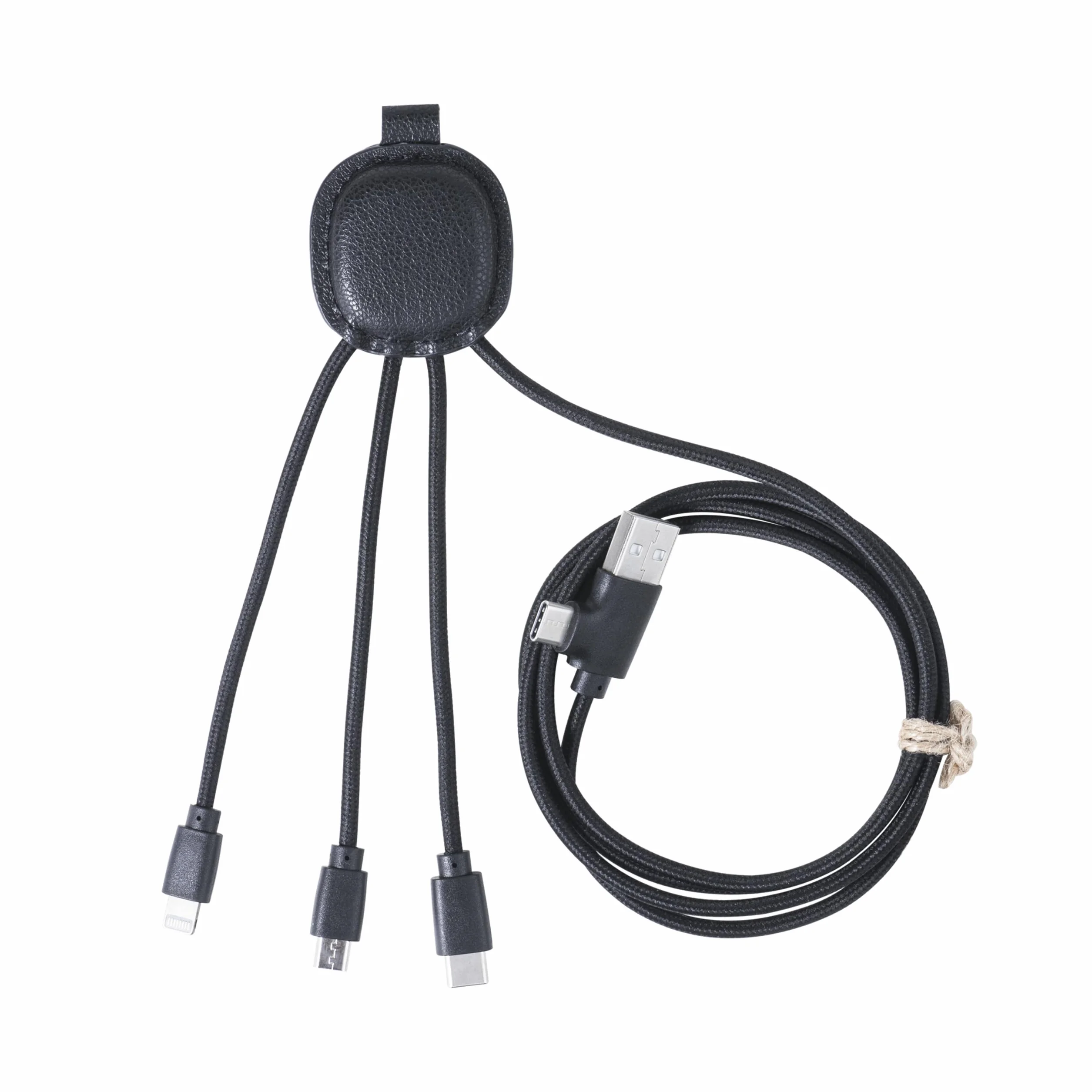 Xoopar Kabel Multi USB 4 w 1 USB-C, USB, Lightning, Micro USB - Iné Smart Long 1m - Skórzana funkcja NFC z recyklingu do ładowania smartfonów iPhone, Samsung, Huawei, Xiaomi, LG, czarny