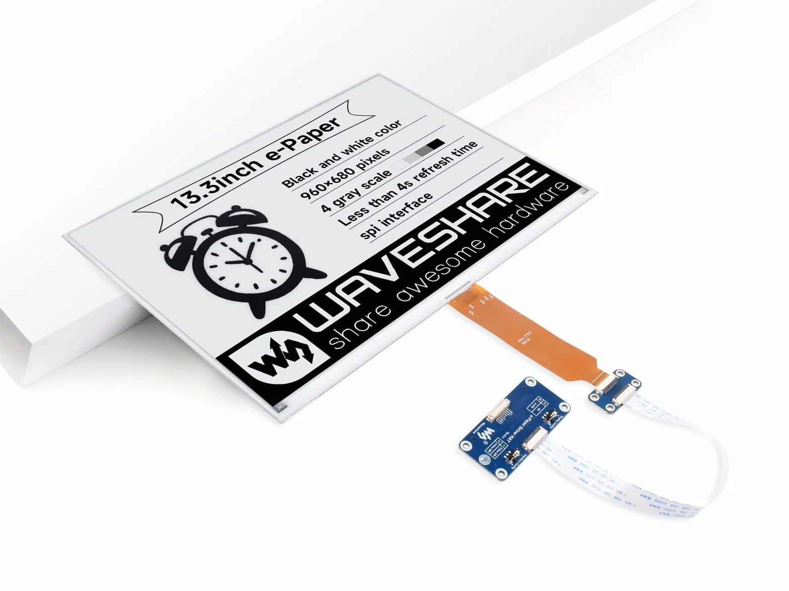 Waveshare 13.3inch E-Paper HAT, 960 x 680 Pixel, SPI Interface, Ideal for Price Tags, Shelf Labels, Industrial Instruments, With PCB Driver Board