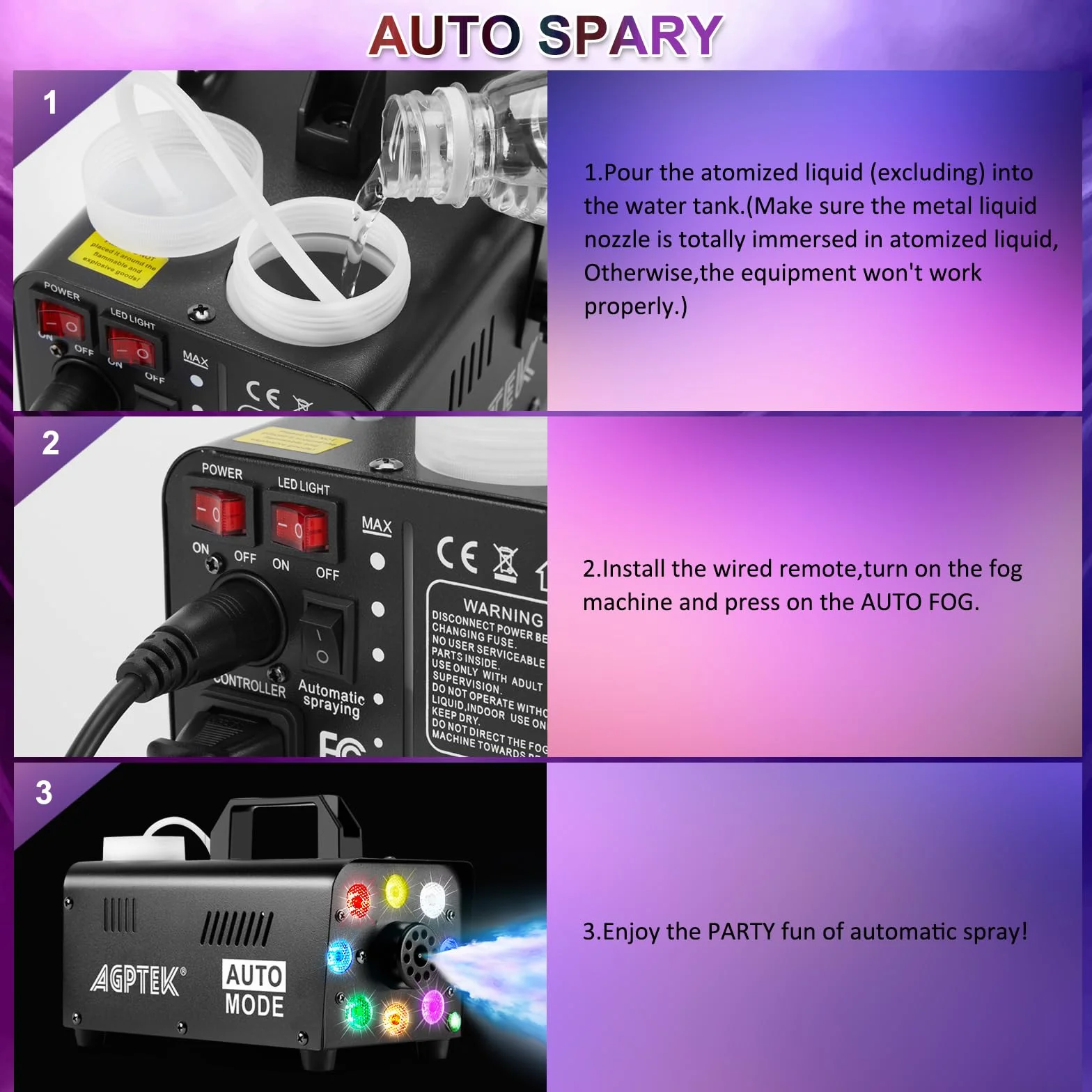 AgptEK maszyna do mgły z bezprzewodowym pilotem zdalnego sterowania i światłem LED, 500 W, stabilna i przenośna, pasuje na Halloween, Boże Narodzenie, wesela, występy sceniczne itp