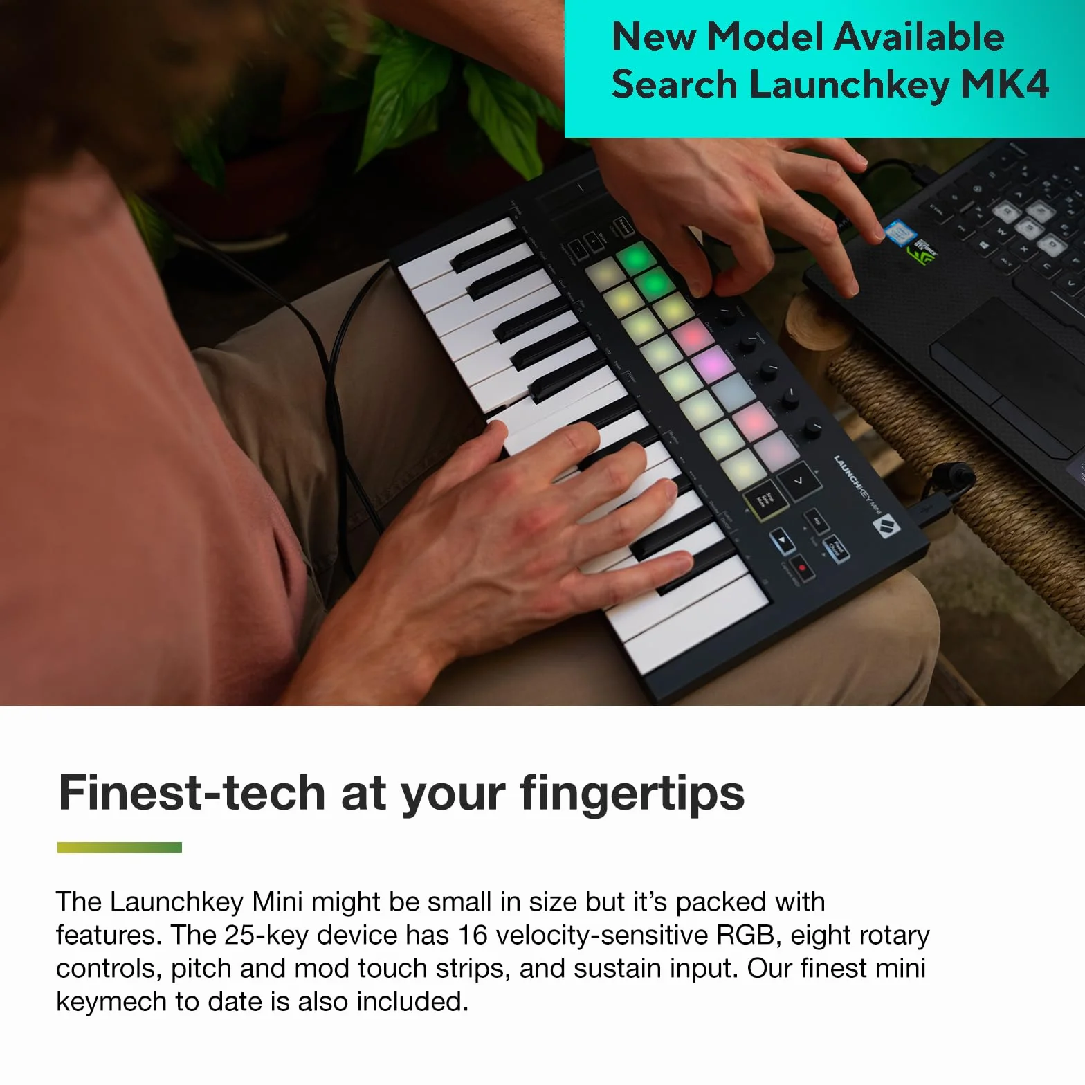 Novation Launchkey Mini (MK3), Kontroler klawiszowy MIDI, przenośny 25-klawiszowy, USB, z integracją z DAW Tryb Chord, tryb Scale i arpeggiator — do produkcji muzyki.