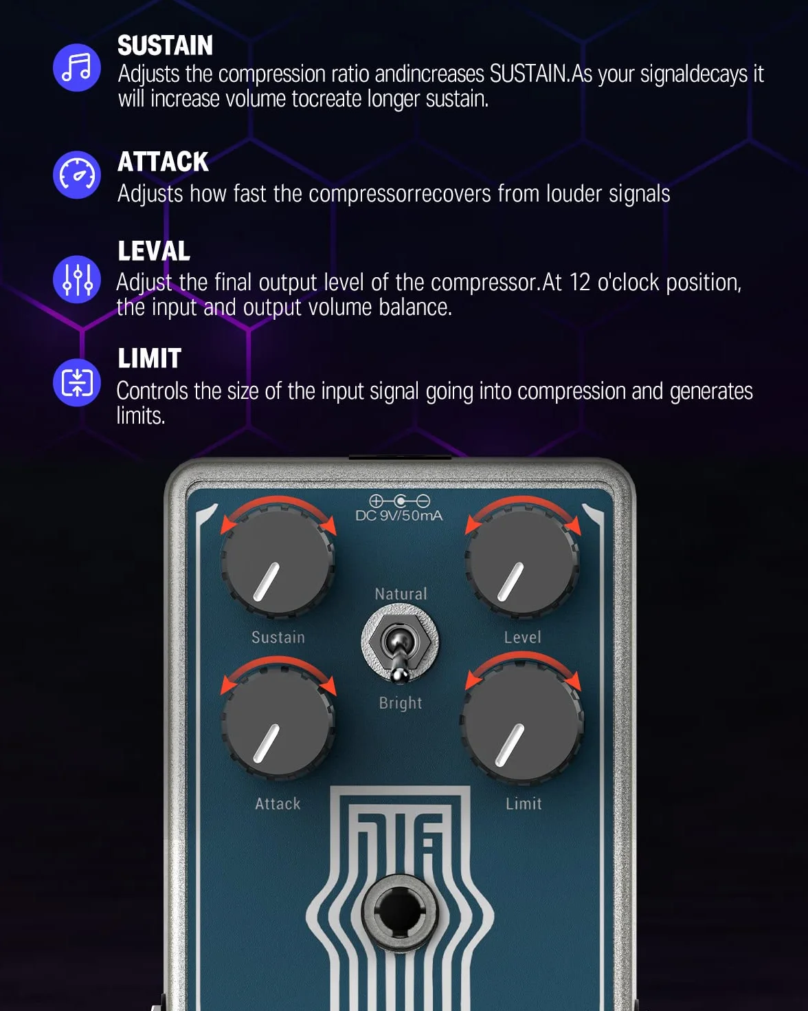 Donner Lax Comp gitarowy kompresor do gitary i basu elektrycznego z 2-pasmowym Boost EQ True Bypass