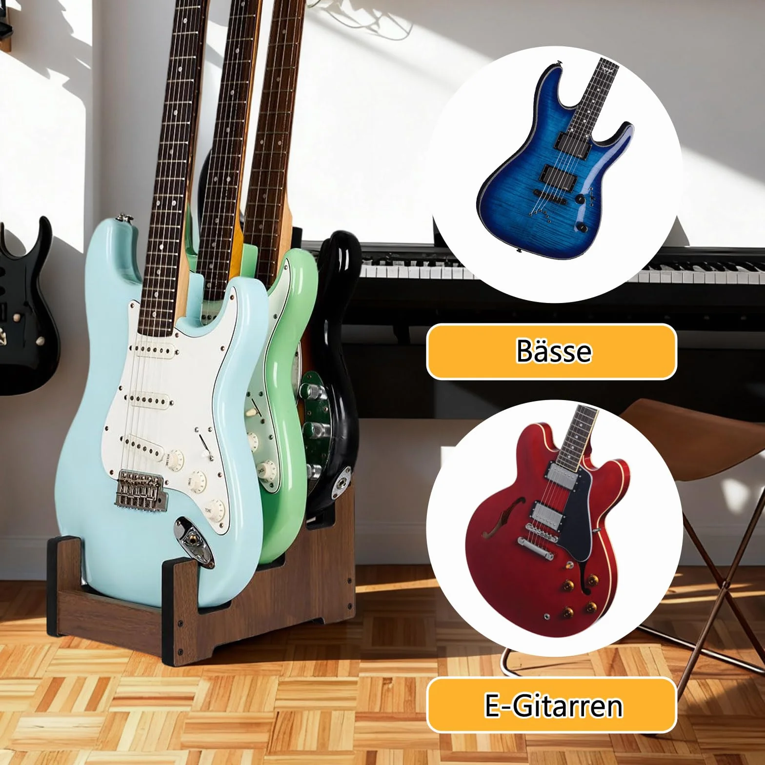 Stojak na wiele gitar z drewna, 3-w-1 wyściełany wielofunkcyjny stojak na gitary, oszczędny pokój, 3-gitarowy stojak ekspozycyjny do domu, studia, sceny (dla 3 gitar elektrycznych/basowych)