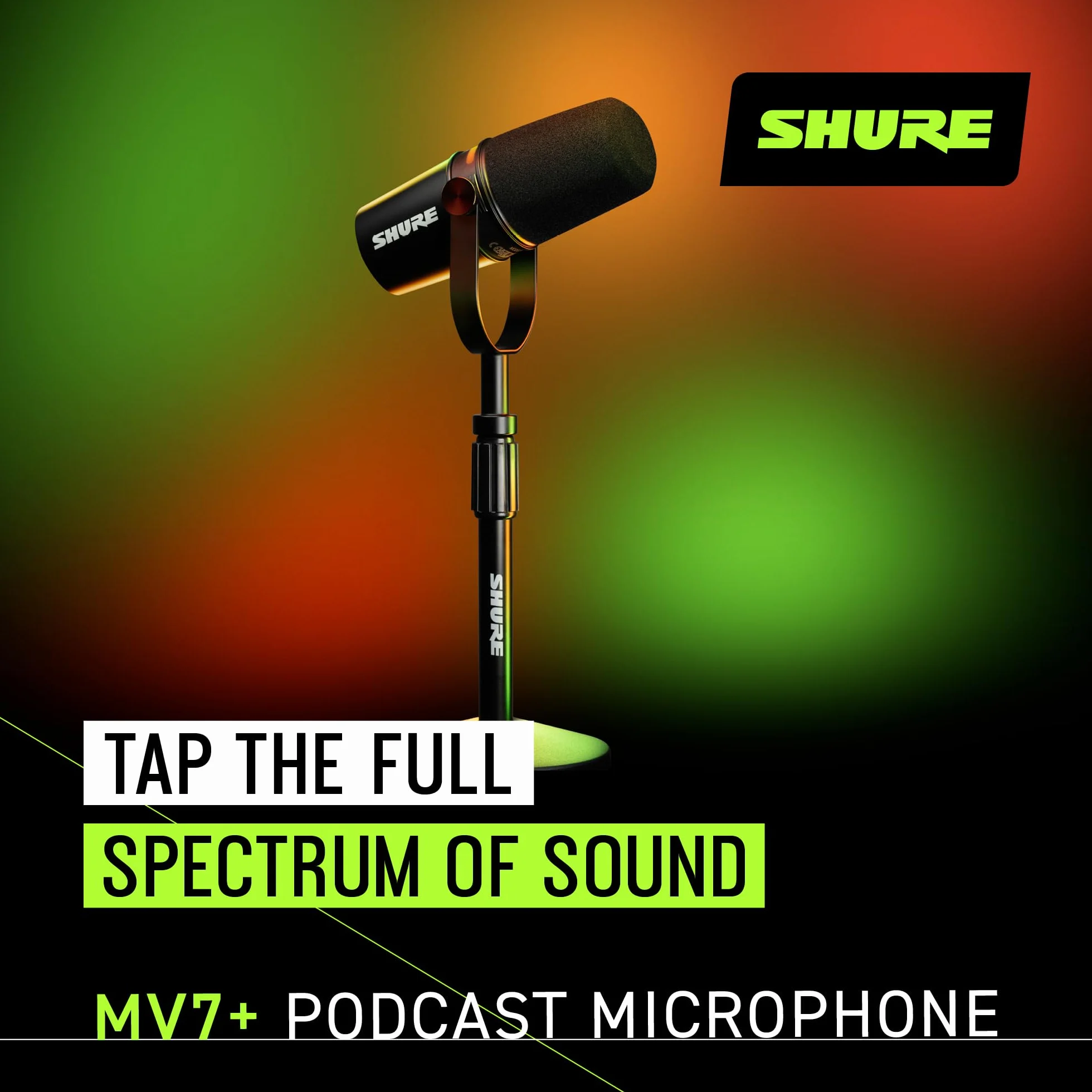 Shure Mikrofon do podcastów MV7+ z podstawką, Ulepszona jakość dźwięku, panel dotykowy LED, wyjścia USB-C i XLR, automatyczny tryb poziomowania, cyfrowy filtr pop, efekty pogłosu, podcasting - Czarny