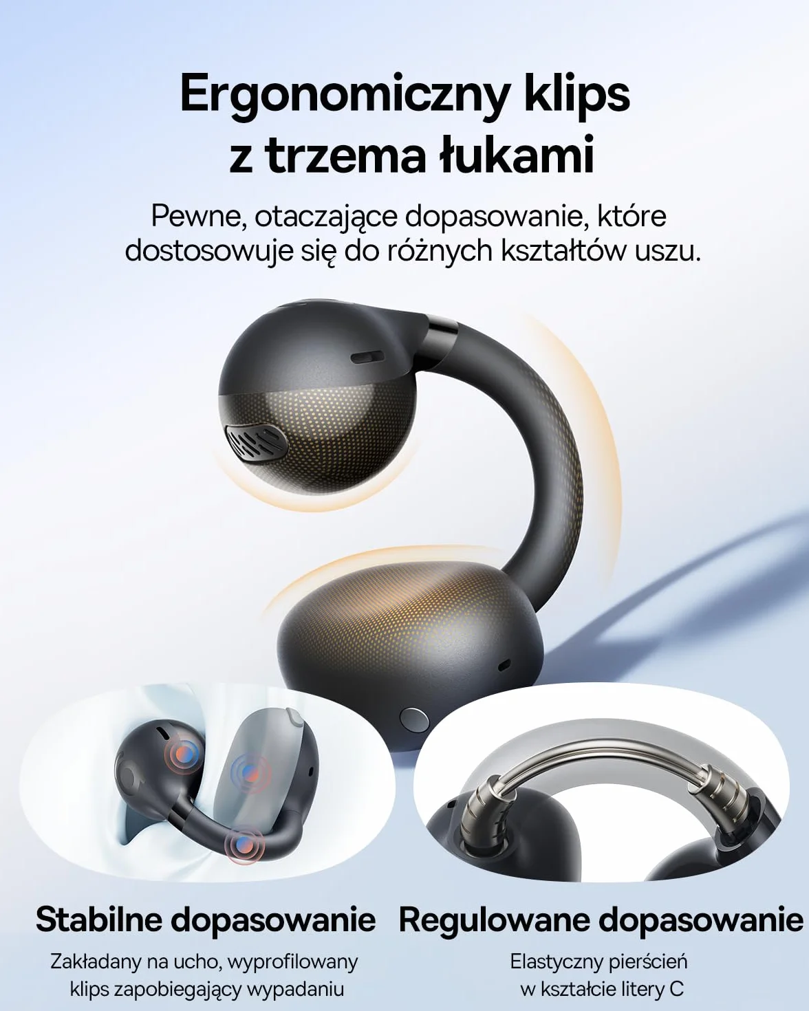 Baseus BC1 Open Ear słuchawki, klips na uszy z imponującym dźwiękiem, adaptacyjne wzmocnienie basów, Bluetooth 6.0, redukcja szumów podczas rozmów, IP55, akumulator 38H, lekkie Buds - Interstellar