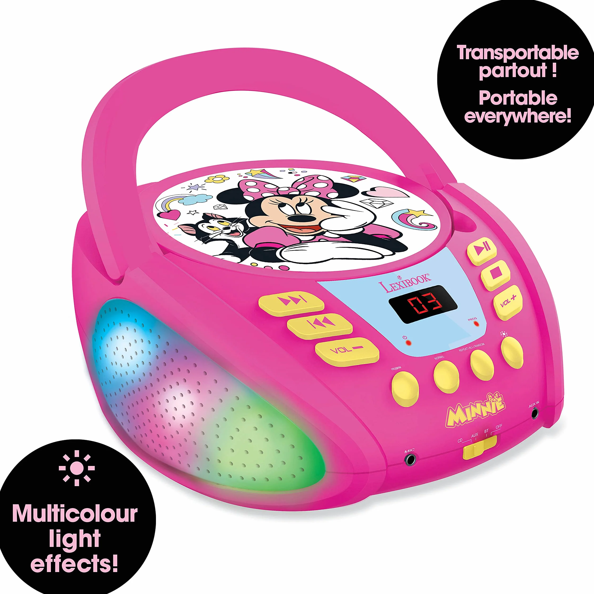 Lexibook RCD109MN Disney Minnie-Bluetooth Odtwarzacz DC dla Dzieci, Przenośny, Wielokolorowe Efekty Świetlne, Mikrofon, Gniazdo Aux-In, Ac Lub Zasilanie Bateryjne