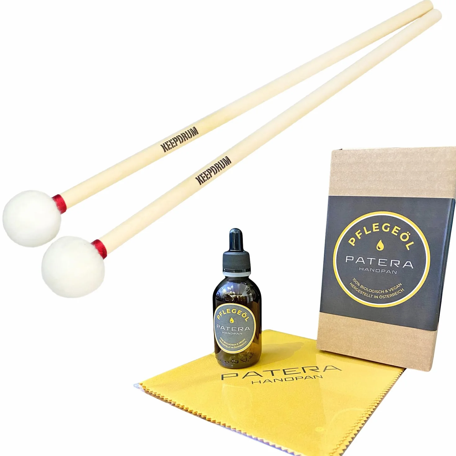 Handpan zestaw akcesoriów wraz z olejkiem pielęgnacyjnym Patera, ściereczka do czyszczenia + pałeczki keepdrum miękkie Mallets 1 para