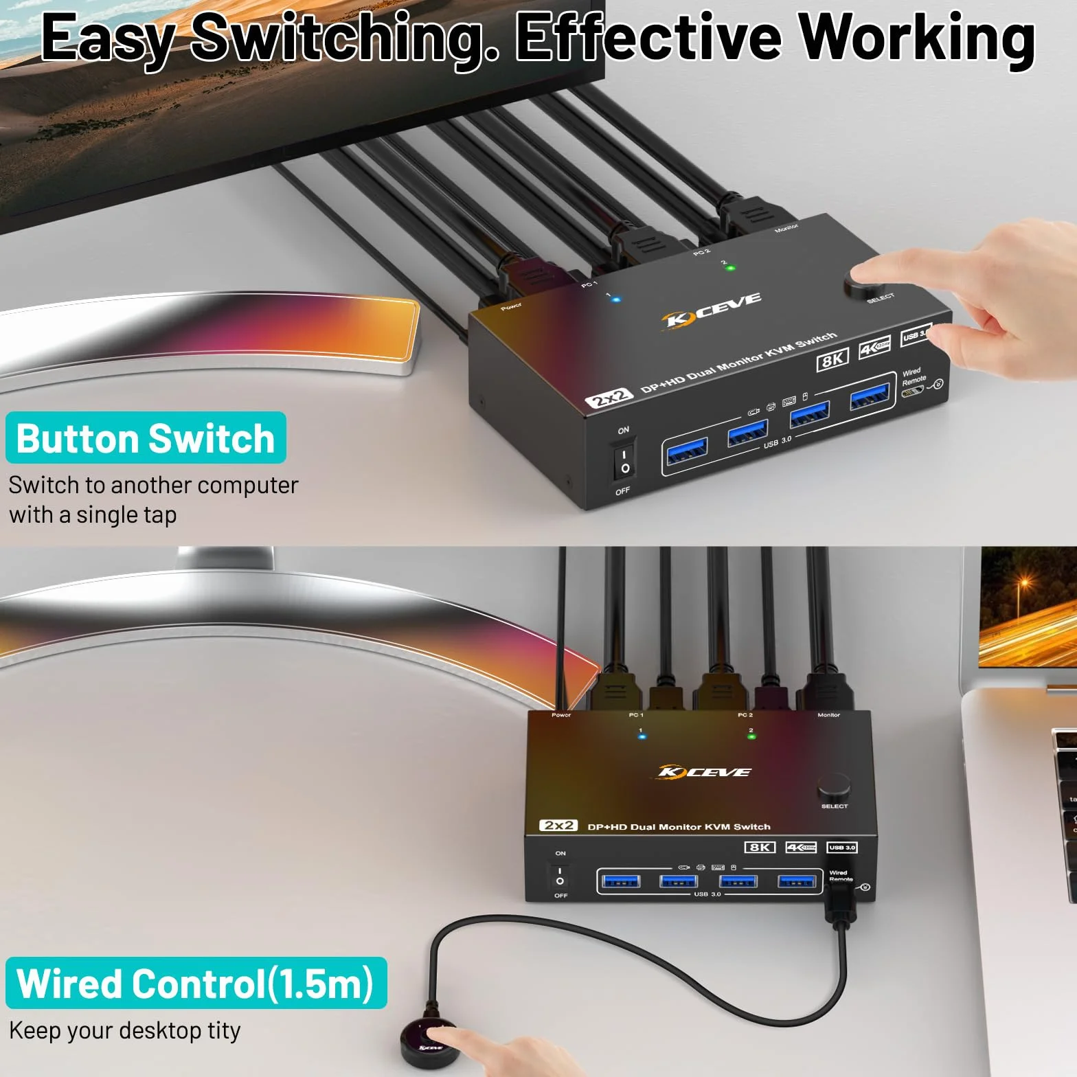 Przełącznik KVM 2 Computery 2 Monitory 8K@60Hz, MLEEDA HDMI DisplayPort Dual Monitor KVM Switch 2 Computers Udostępnij 2 Monitors i 4 Porty USB 3.0, z Adapter Zasilania, Przewodowy Pilot i 2 Kable USB
