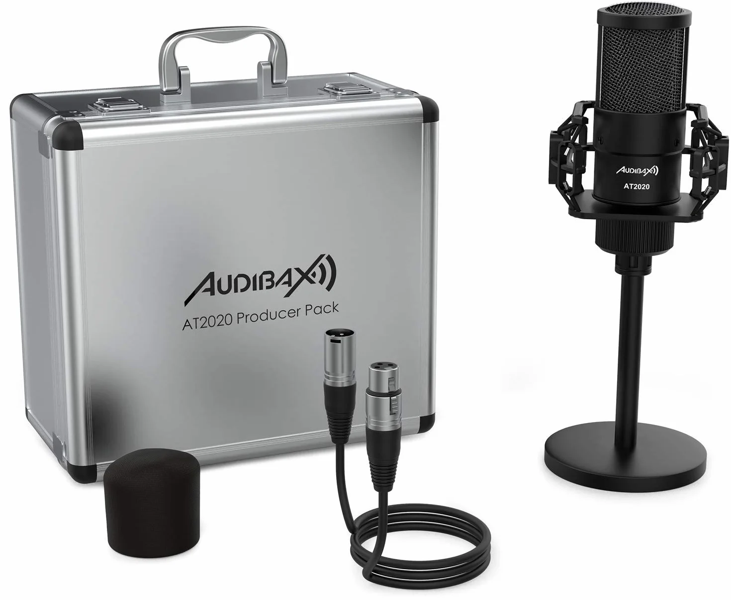 Audibax AT2020 - Mikrofon studyjny - w zestawie kabel XLR, uchwyt na stół i żyrandol, wiatrówka i walizka - Pasmo przenoszenia 50 Hz/20 KHz - Kardioidalny mikrofon z biegunowym wzorem