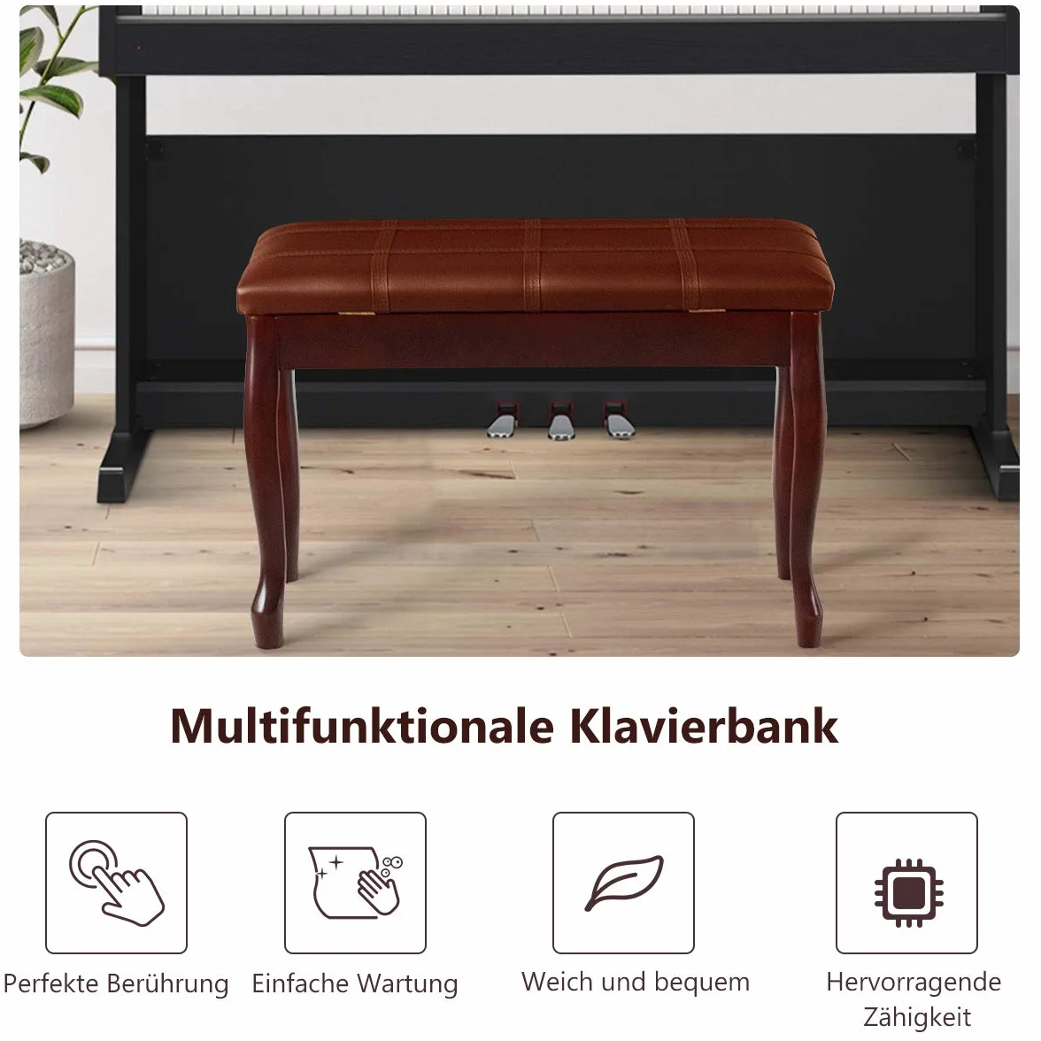 COSTWAY Ławka fortepianowa, taboret fortepianowy z litego drewna, wyściełana, ławka fortepianowa, ławka do siedzenia na keyboardzie, 75 x 35 x 49 cm (brązowa)